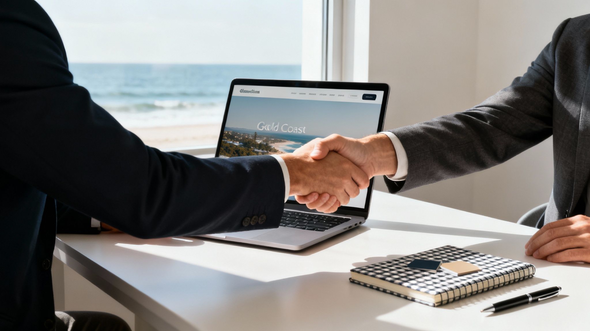 A team of web designers collaborating around a table with laptops and mockups.