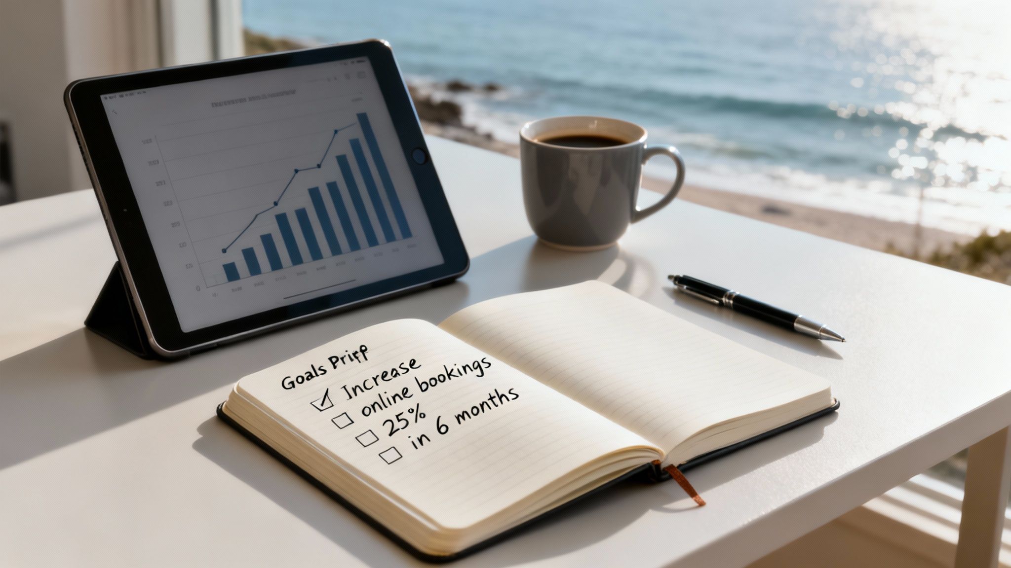 Notebook with 'Increase online bookings' goal, tablet showing growth, coffee, and pen on a desk overlooking the ocean.