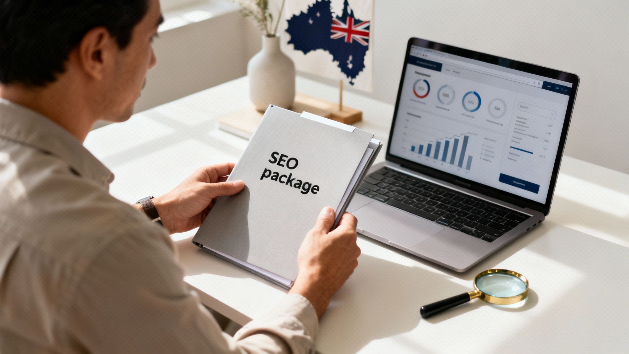 A person holds an 'SEO package' folder while reviewing analytics data on a laptop.