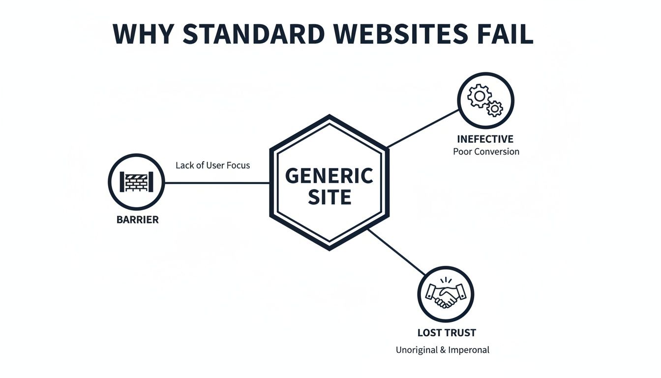 Infographic showing 'Why Standard Websites Fail,' highlighting barriers, ineffectiveness, and lost trust.