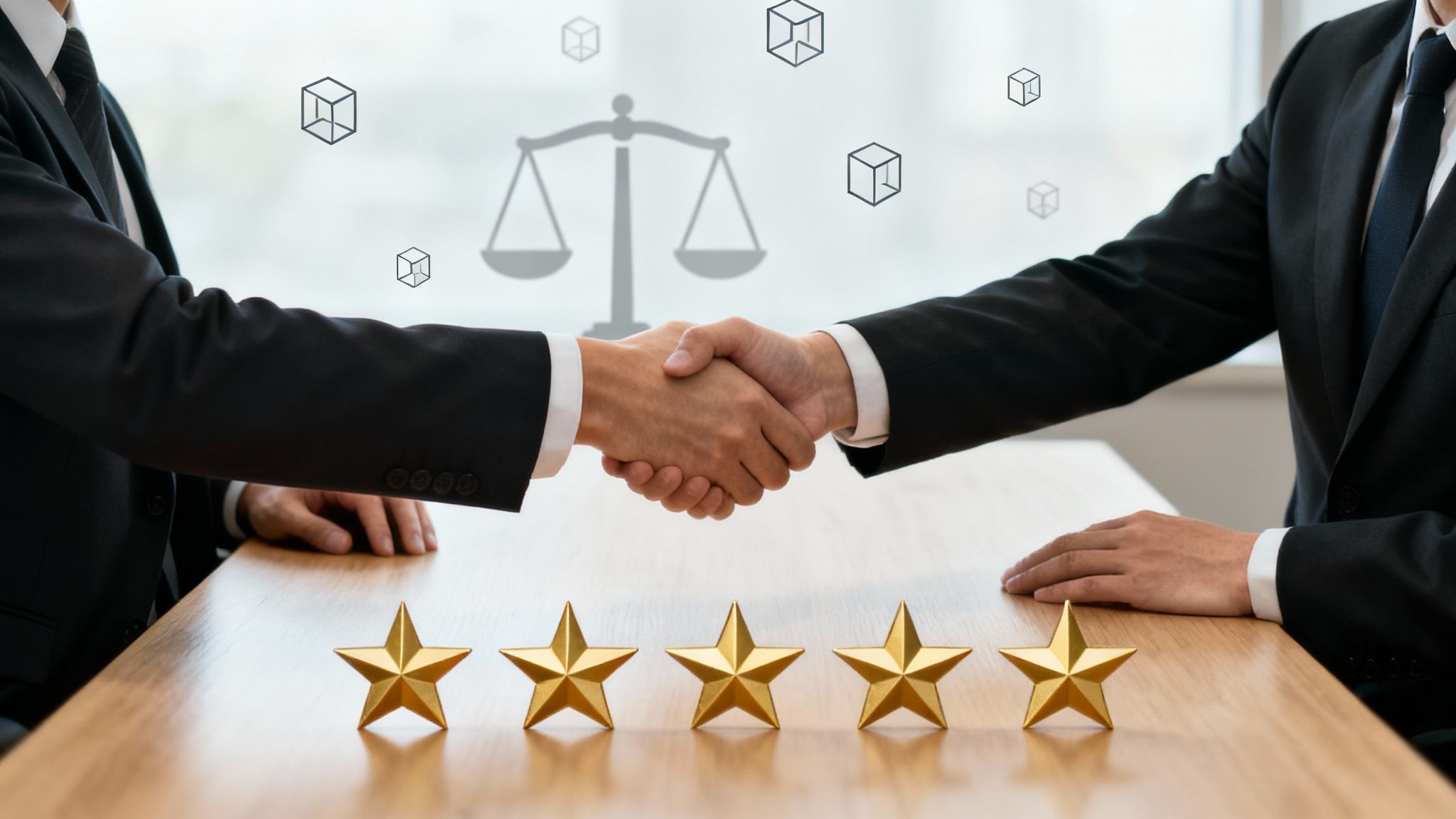 Legal professionals shaking hands with five stars, representing high-quality service and partnership in law.