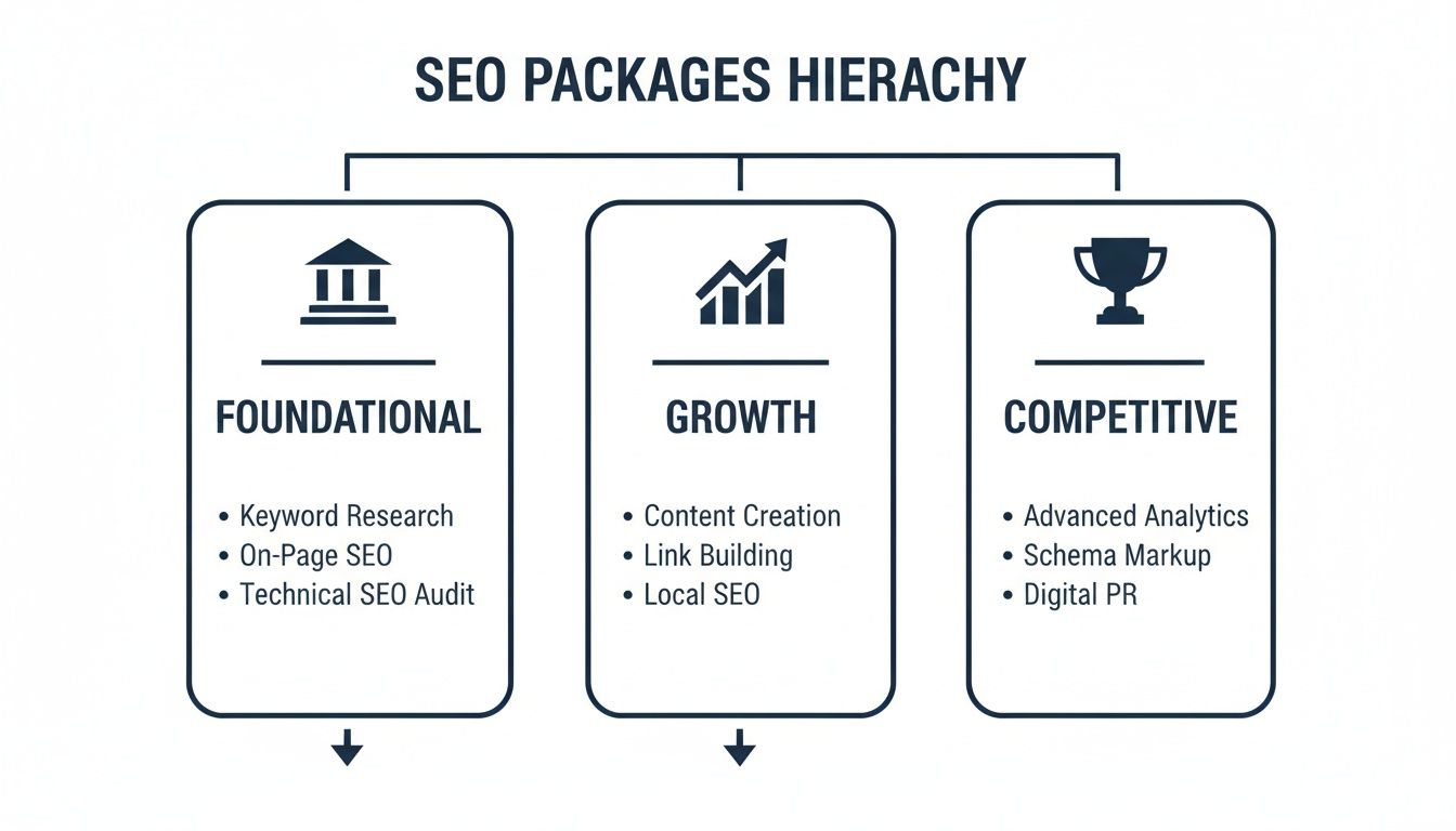 A visual hierarchy of SEO packages, categorized into Foundational, Growth, and Competitive services.