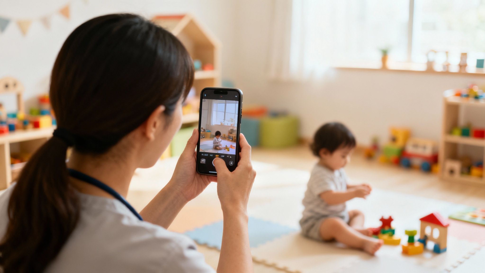 Children and an educator engaged in a fun, educational activity inside a bright Gold Coast childcare centre.