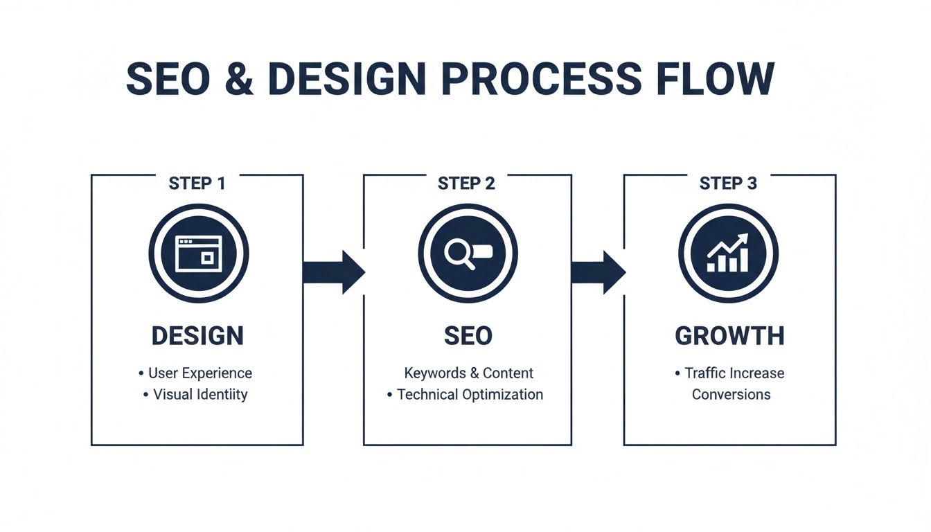A three-step process flow illustrating SEO and design, from design to SEO optimization and finally growth.