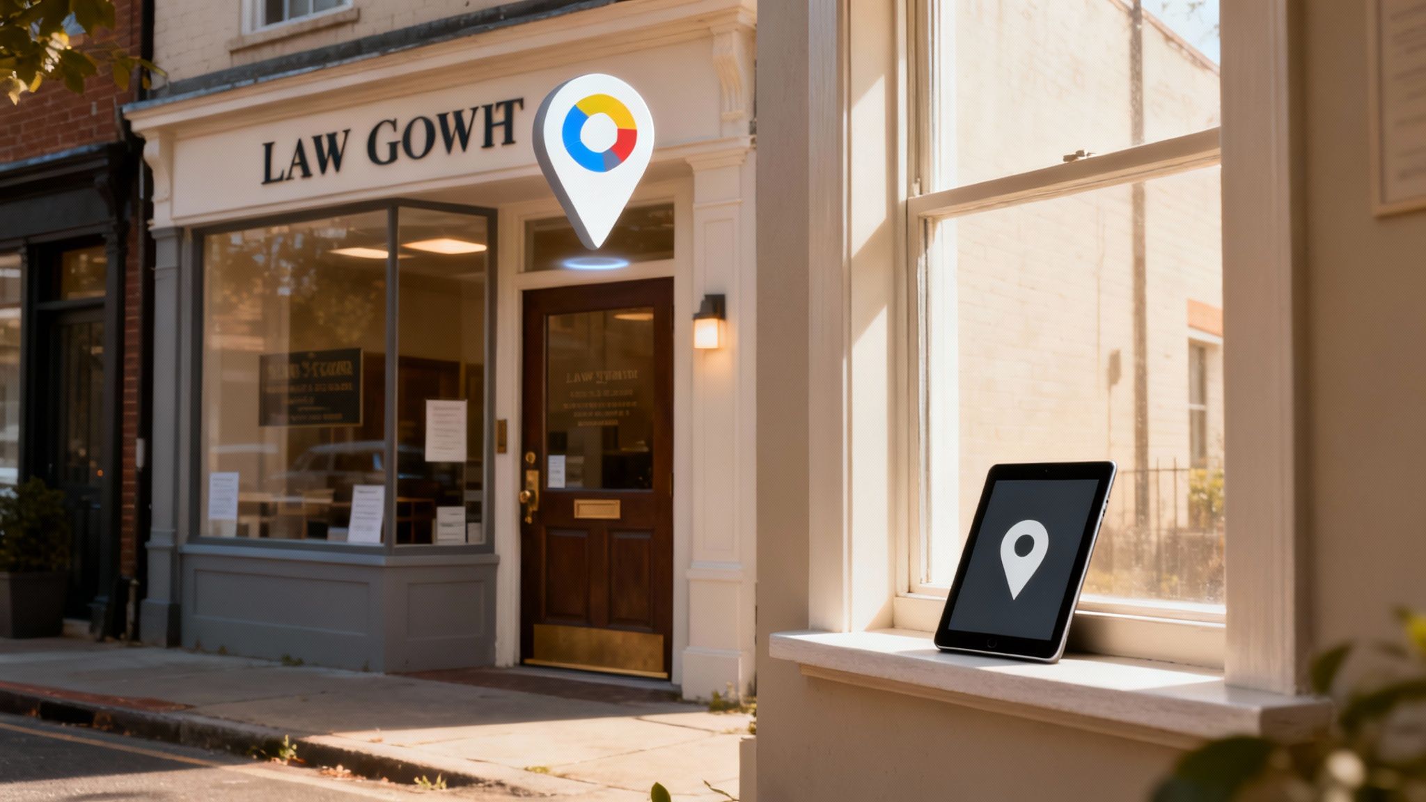 A law firm building with a digital map pin hovering outside and a tablet showing a map pin on a windowsill.