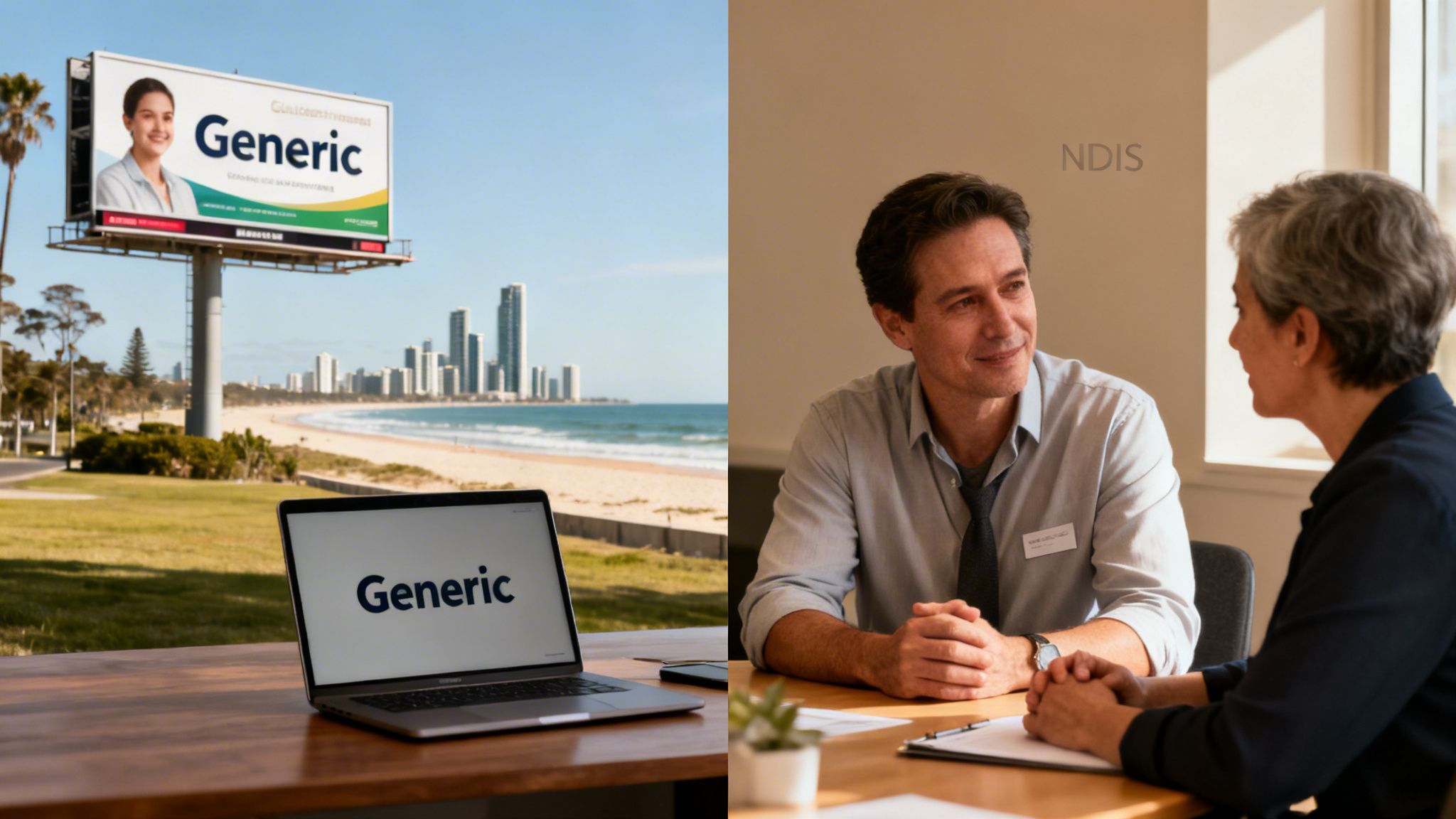 A split image showing a 'Generic' billboard by Gold Coast beach and an NDIS consultation meeting.