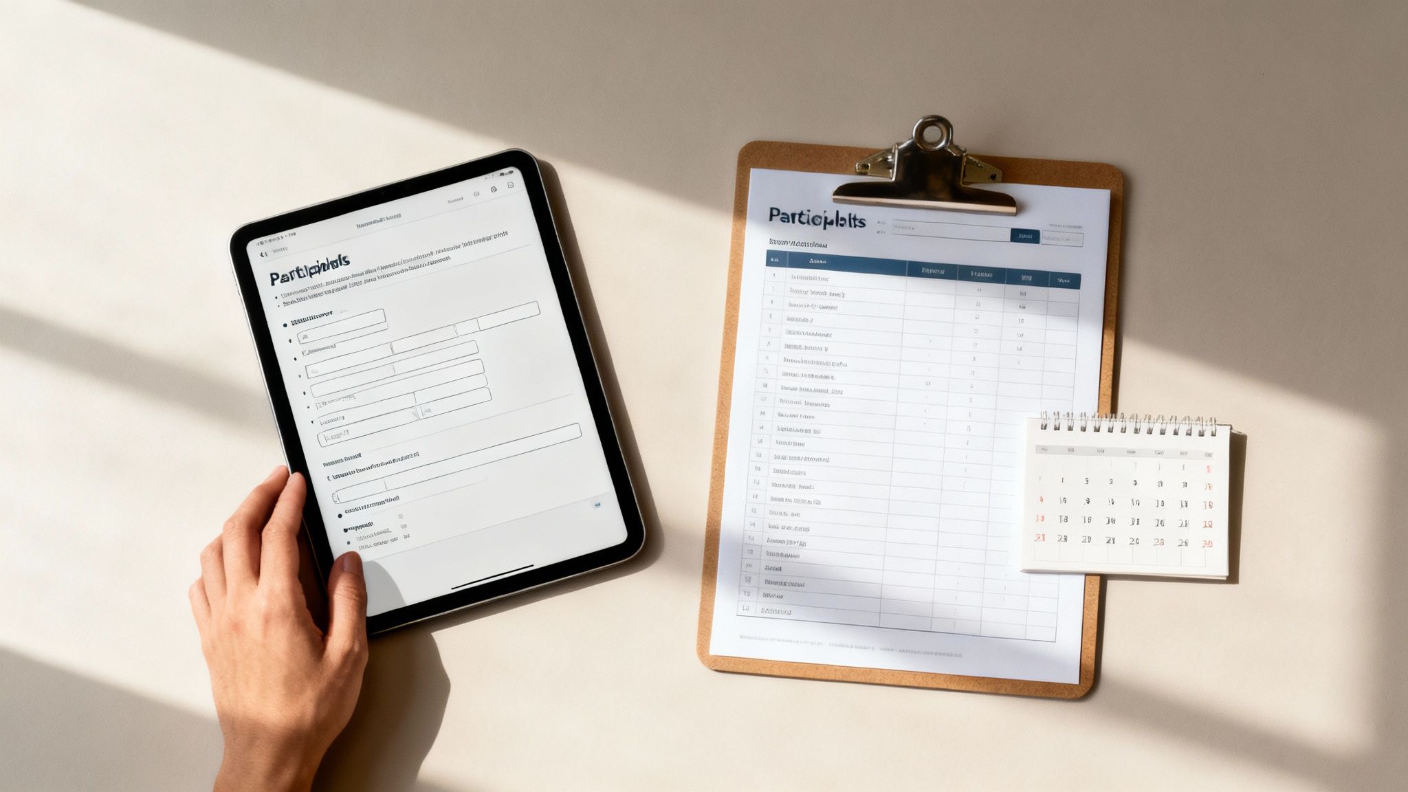Person holding tablet with participant list form next to clipboard and calendar for market research