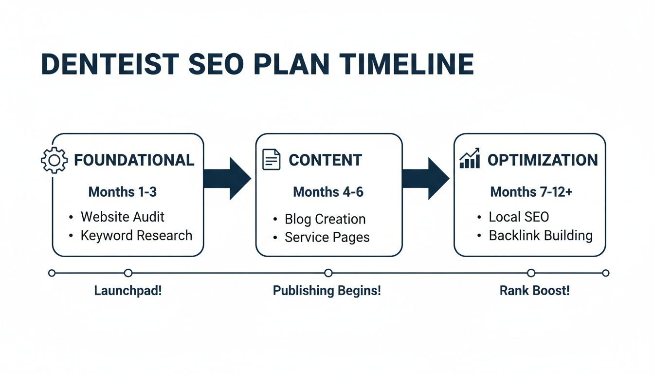 A detailed timeline outlining a dentist SEO plan, including foundational, content, and optimization stages.