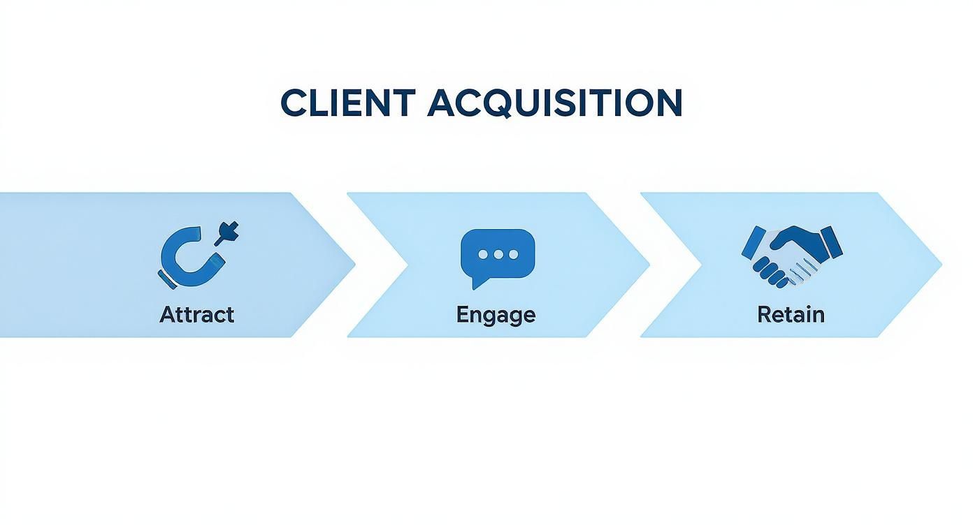 Infographic showing the client acquisition process with three steps: Attract, Engage, and Retain.