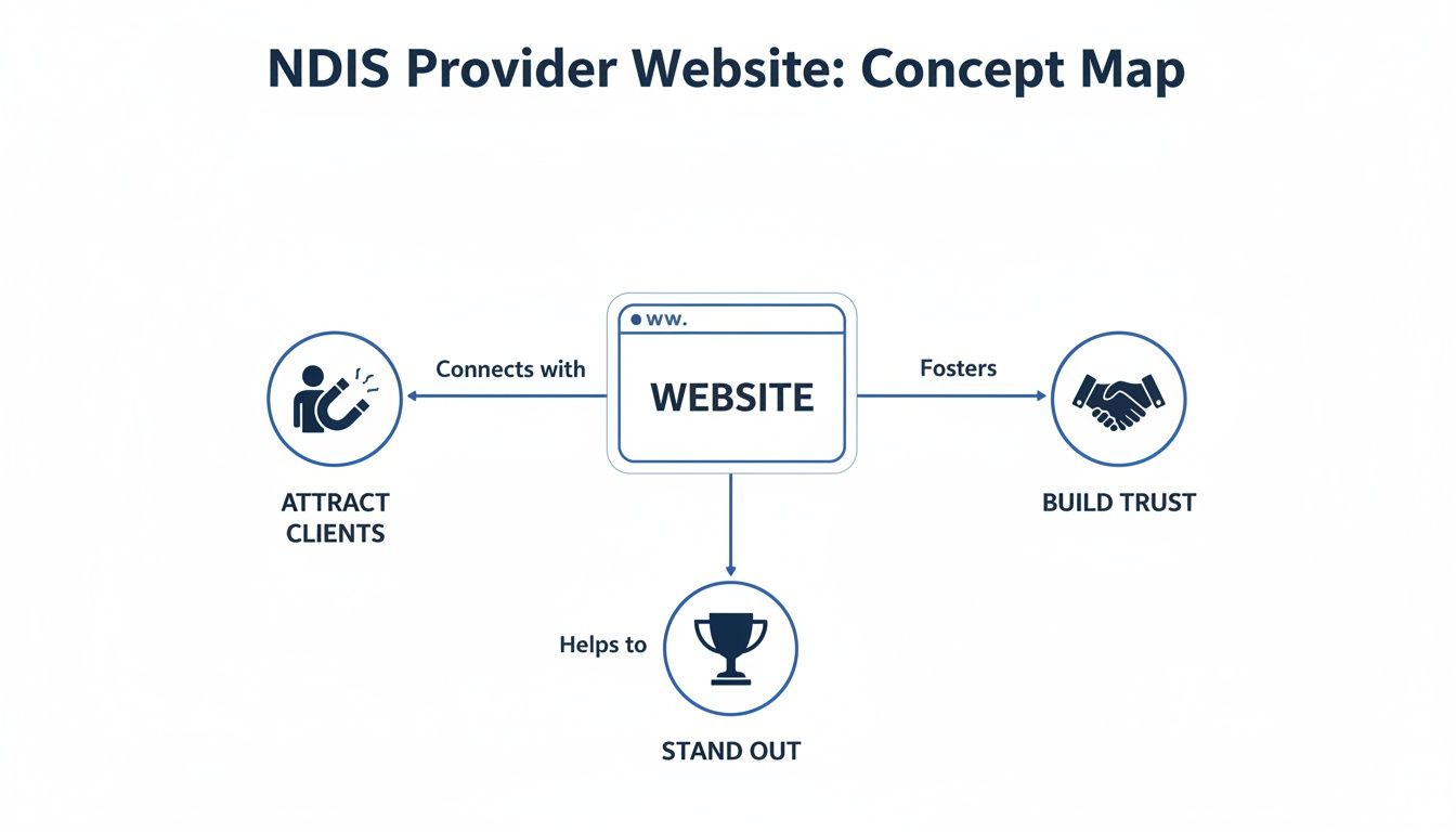 A concept map showing how an NDIS Provider Website attracts clients, builds trust, and helps to stand out.