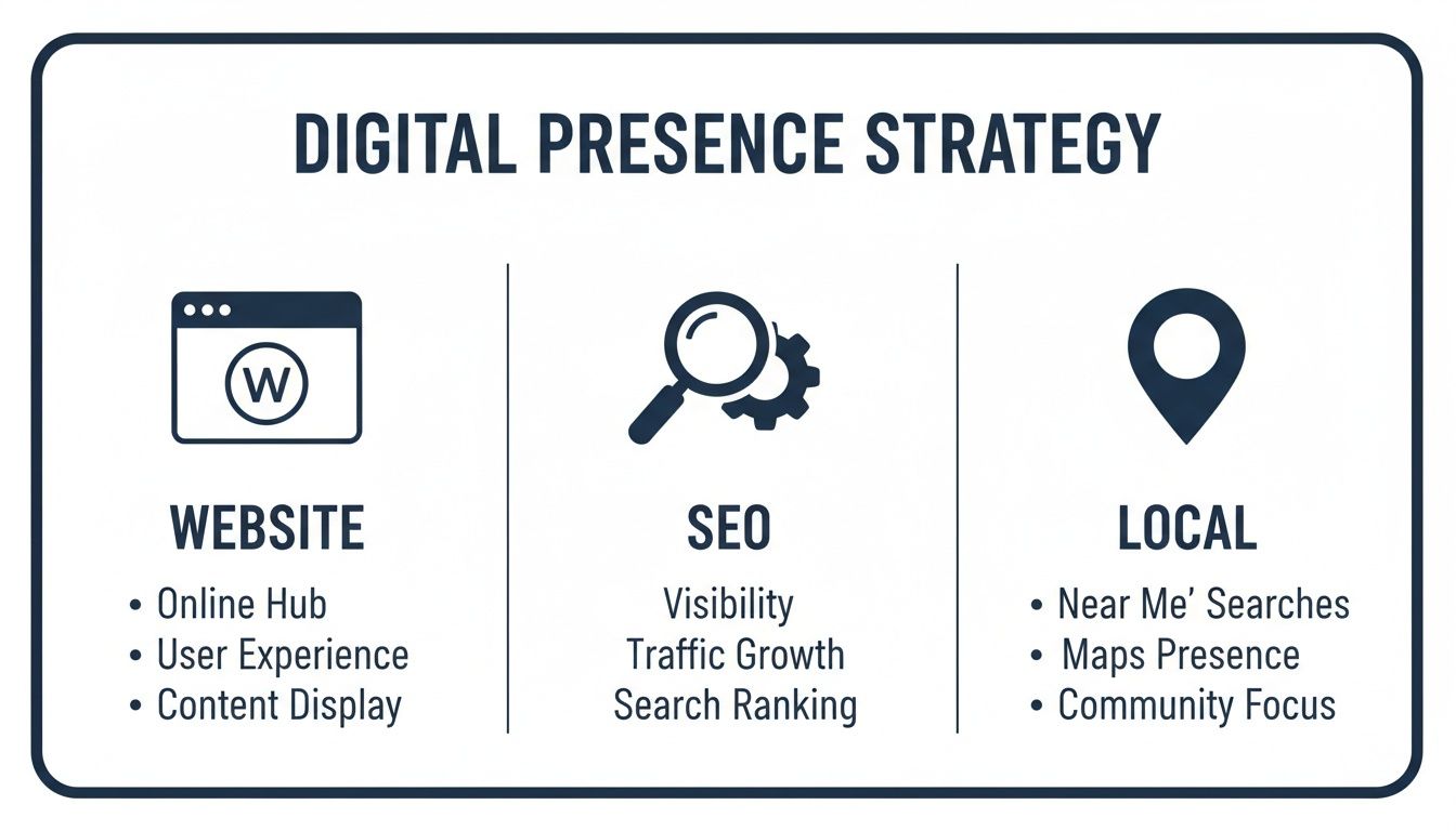 Infographic detailing a digital presence strategy, covering website, SEO, and local marketing components.