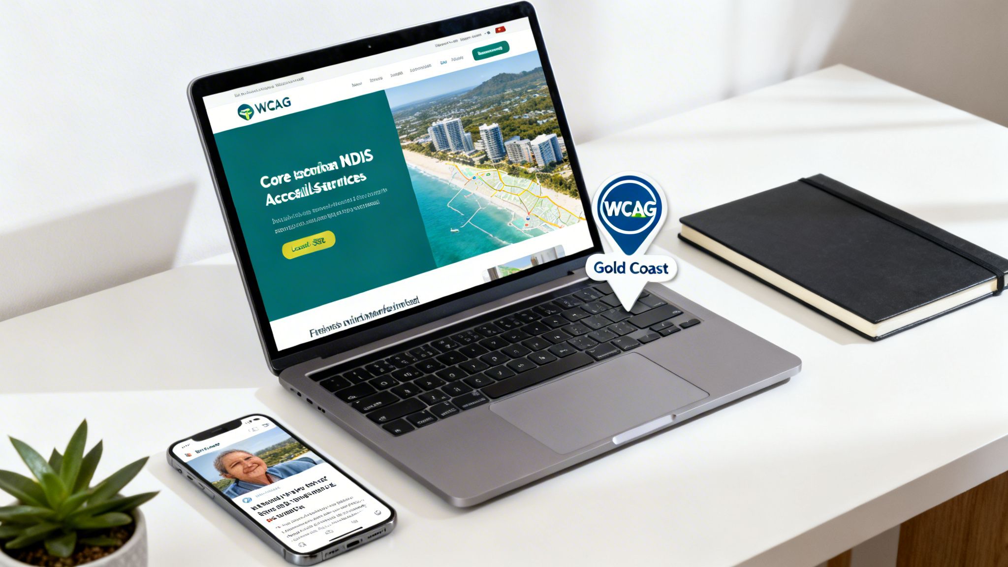 A modern workspace with a laptop and smartphone displaying NDIS accessible services in Gold Coast.