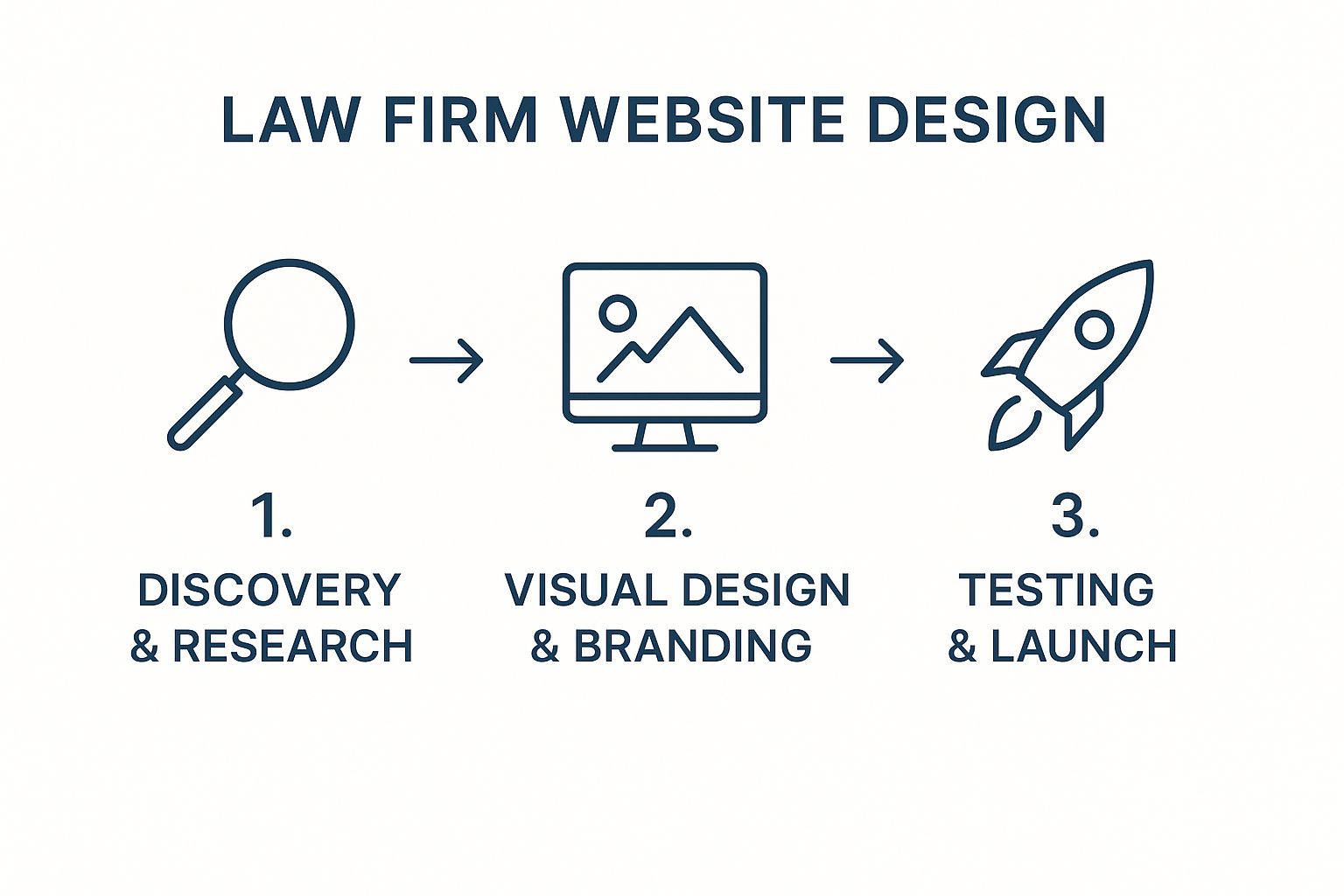 An infographic showing the process flow for law firm website design, starting with Discovery & Research, moving to Visual Design & Branding, and ending with Testing & Launch.