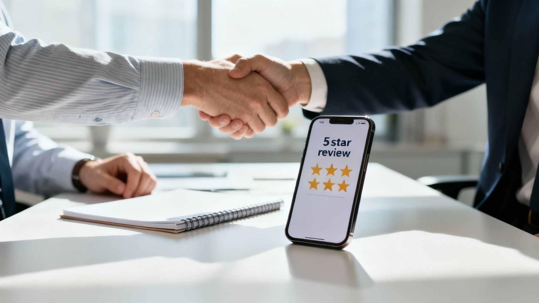 Two businessmen shaking hands across a table with a smartphone displaying a 5-star review.
