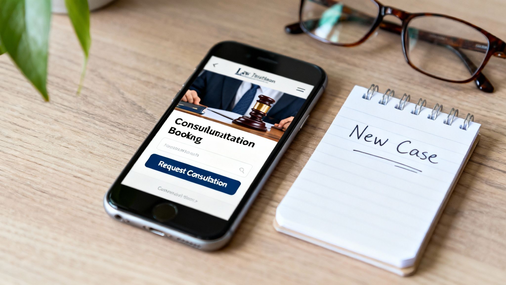 A smartphone on a wooden desk showing a law firm's "Consultation Booking" page next to a "New Case" notebook and glasses.