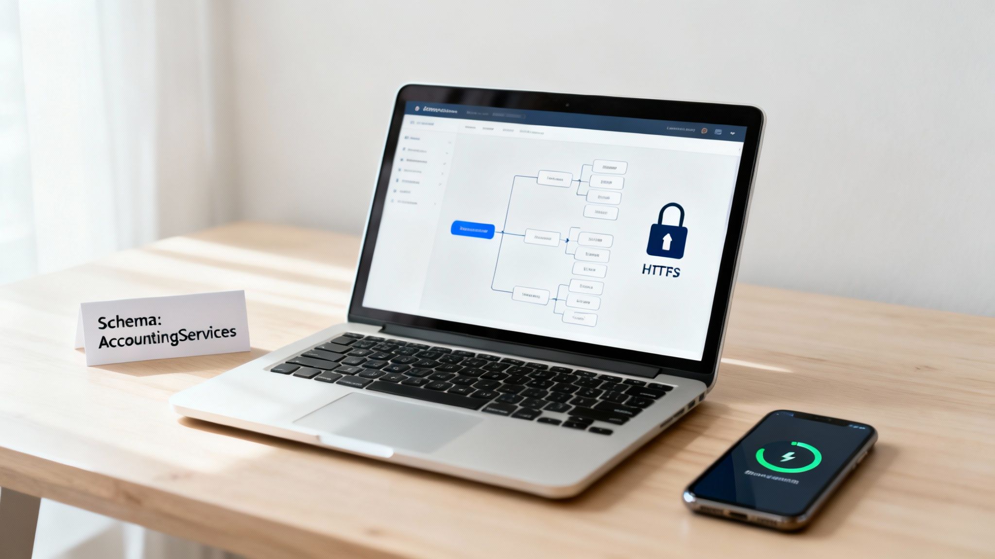A laptop shows a network diagram and HTTPS security, with an 'AccountingServices' card and charging smartphone.