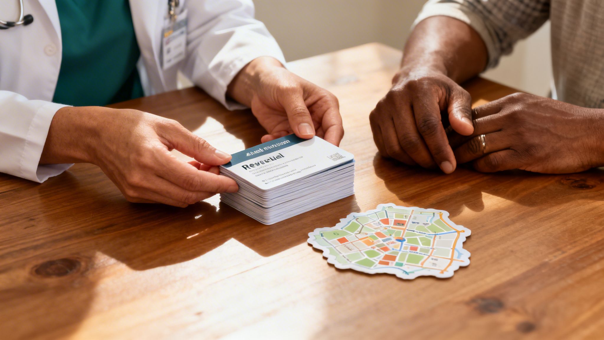 A doctor's hands holding a stack of medical information cards across from a patient.