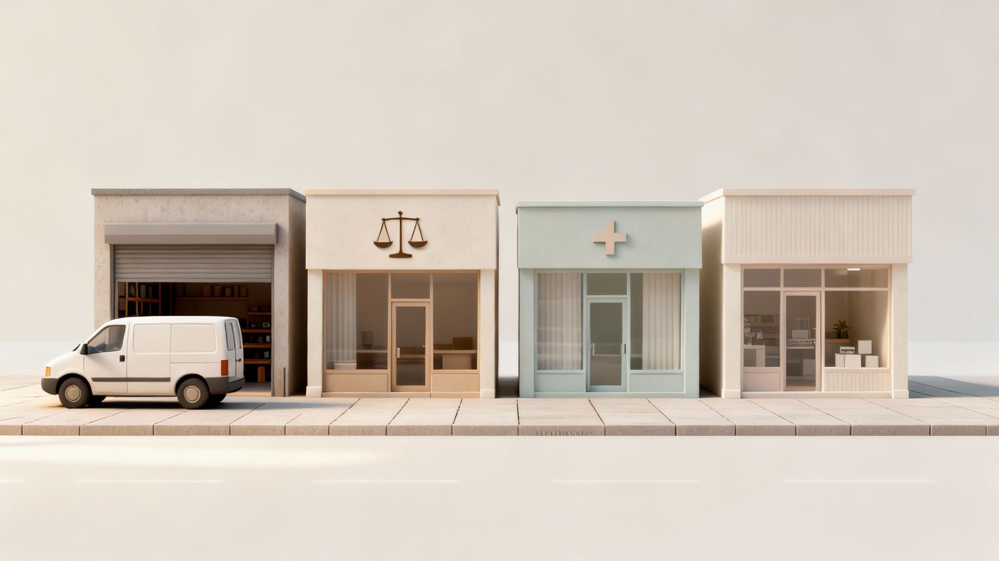 A clean, stylized image featuring a row of four diverse small businesses with a white delivery van.