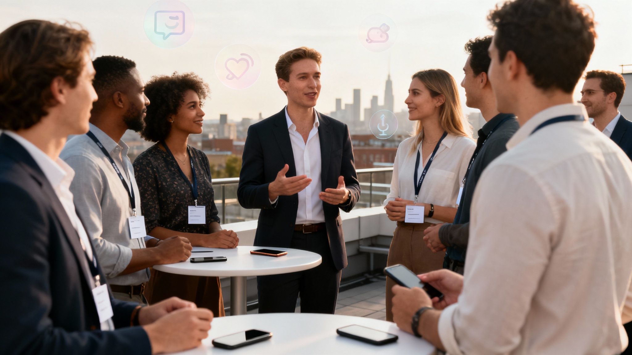 A group of marketing professionals collaborating around a table with laptops and social media icons.