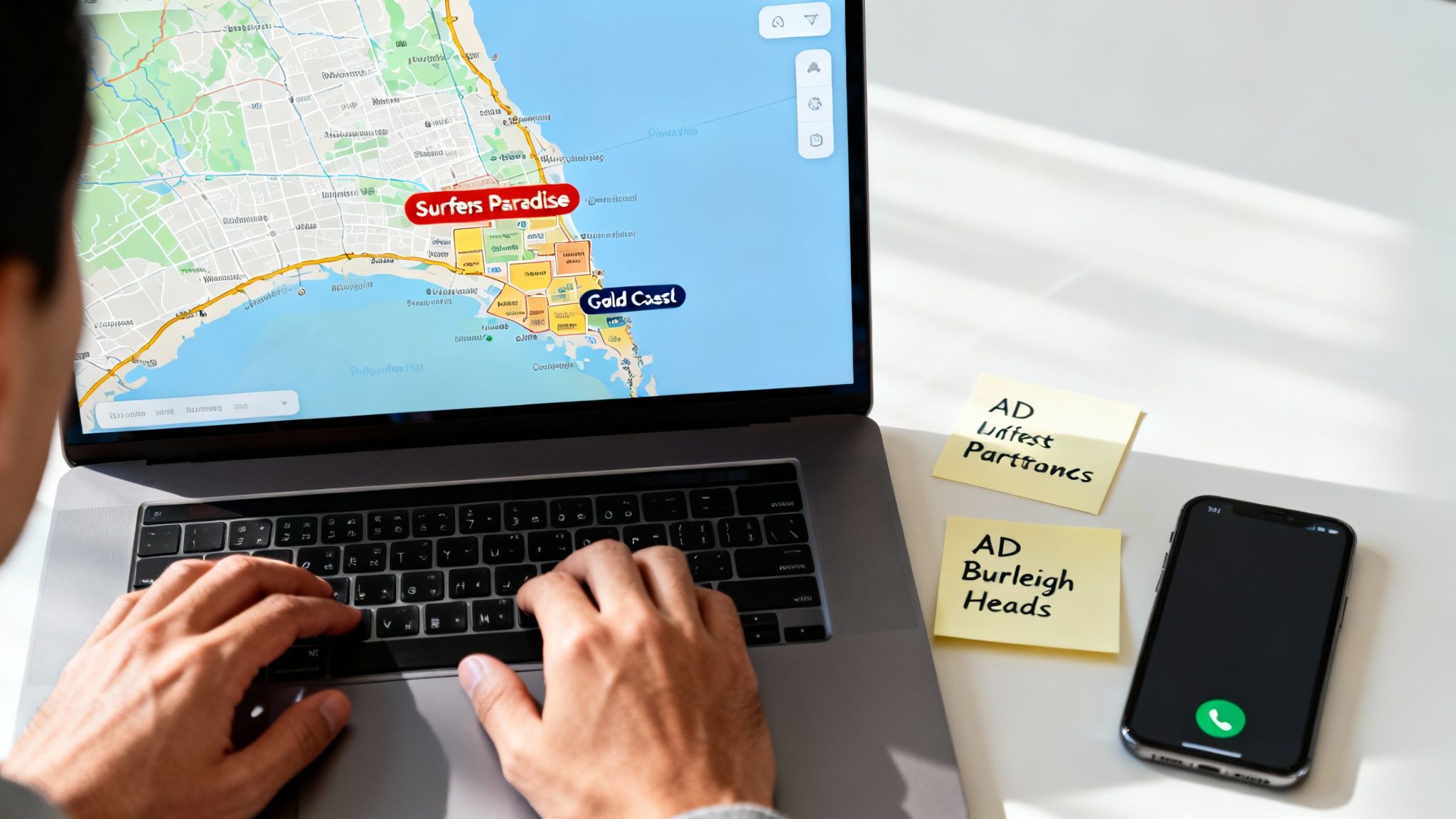 A person types on a laptop displaying a map of Gold Coast and Surfers Paradise, with sticky notes nearby.