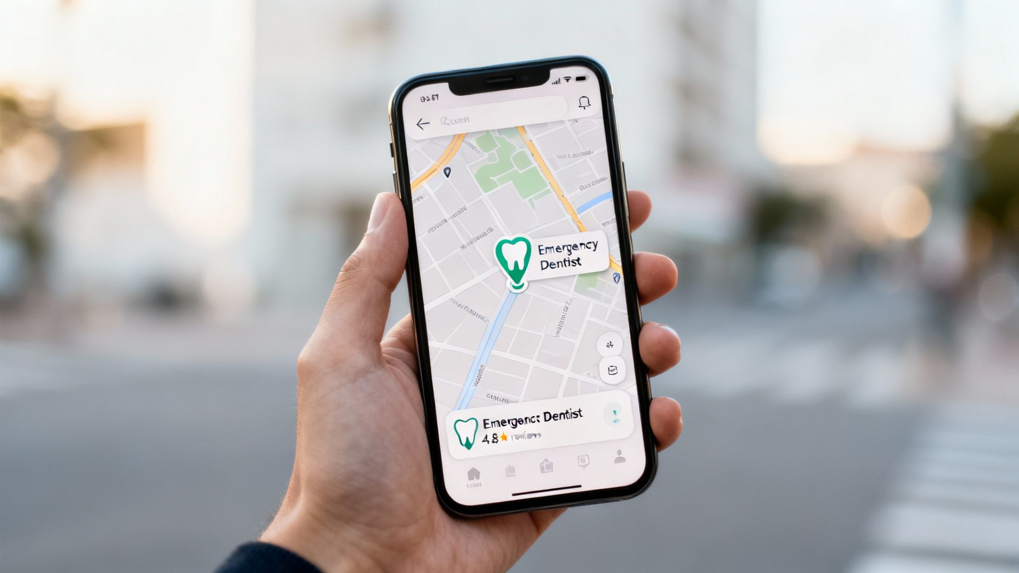 A hand holds a smartphone displaying a map app with an 'Emergency Dentist' location marked.