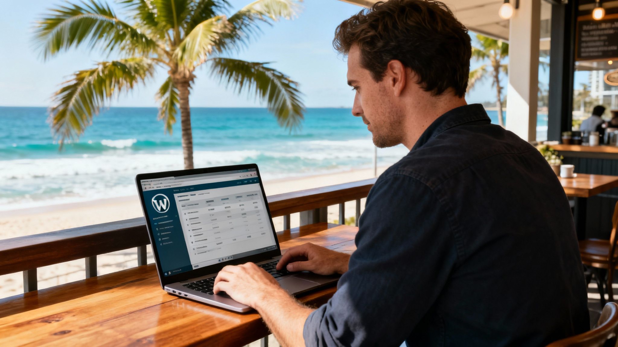 A modern office setting with a laptop showing the WordPress dashboard, overlooking a sunny Gold Coast skyline.