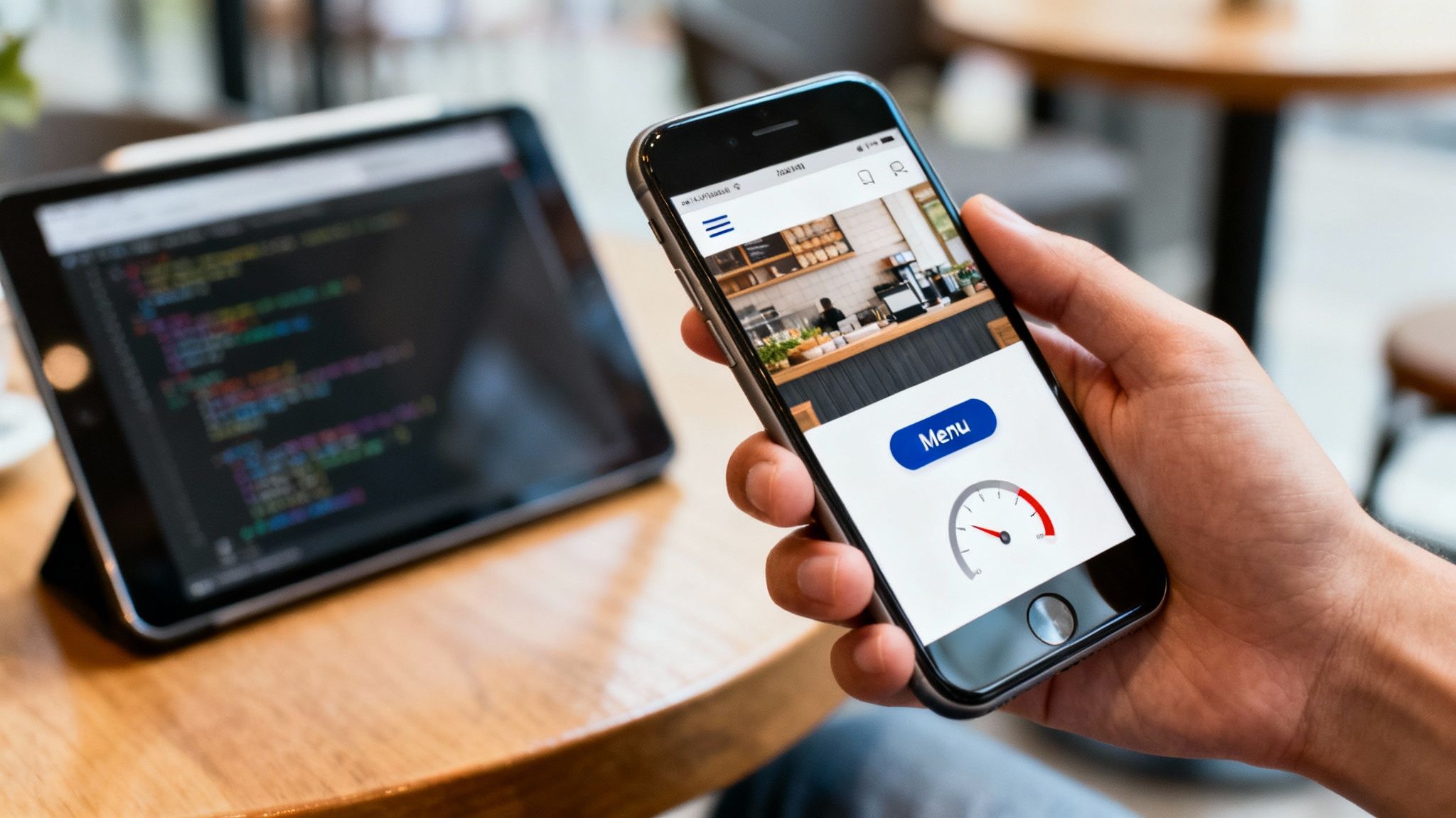 Hands hold a smartphone with a cafe app, while a tablet displays web development code.