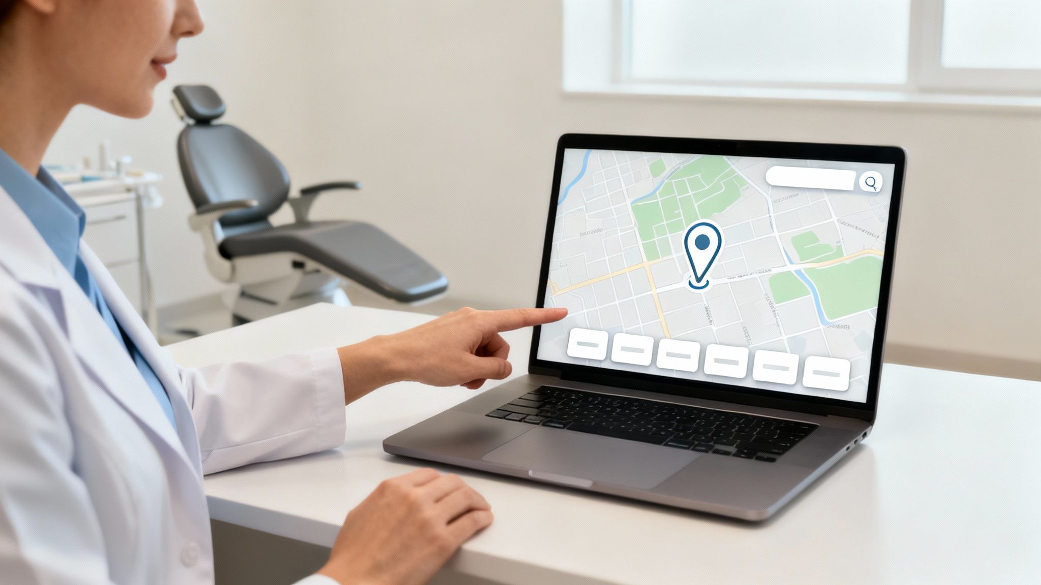 Dentist pointing at a laptop screen showing a map with a location pin in a modern clinic.