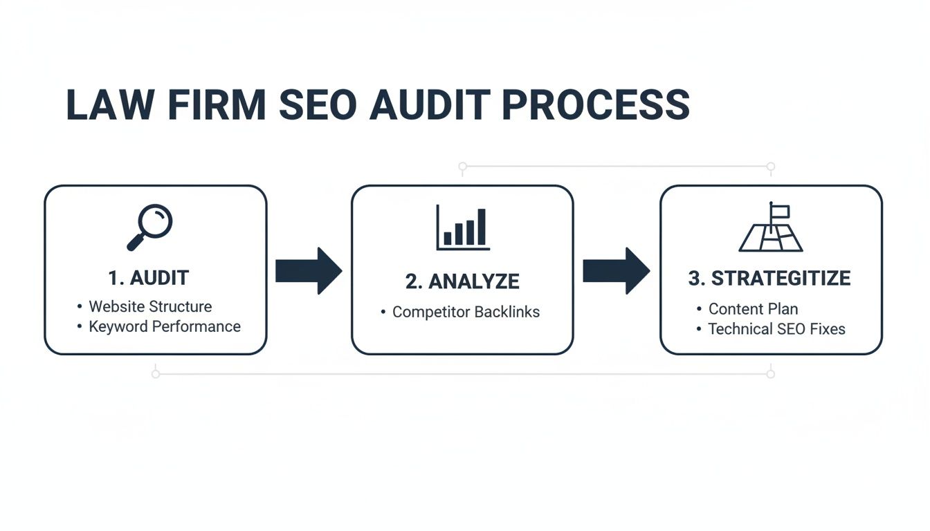 Flowchart outlining a 3-step law firm SEO audit process: audit, analyze, and strategize.