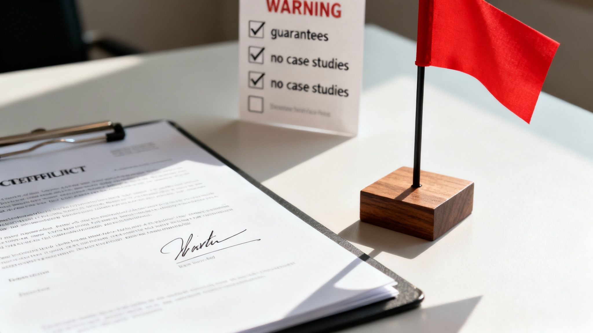 A person looking at a document with a magnifying glass, spotting red flags.
