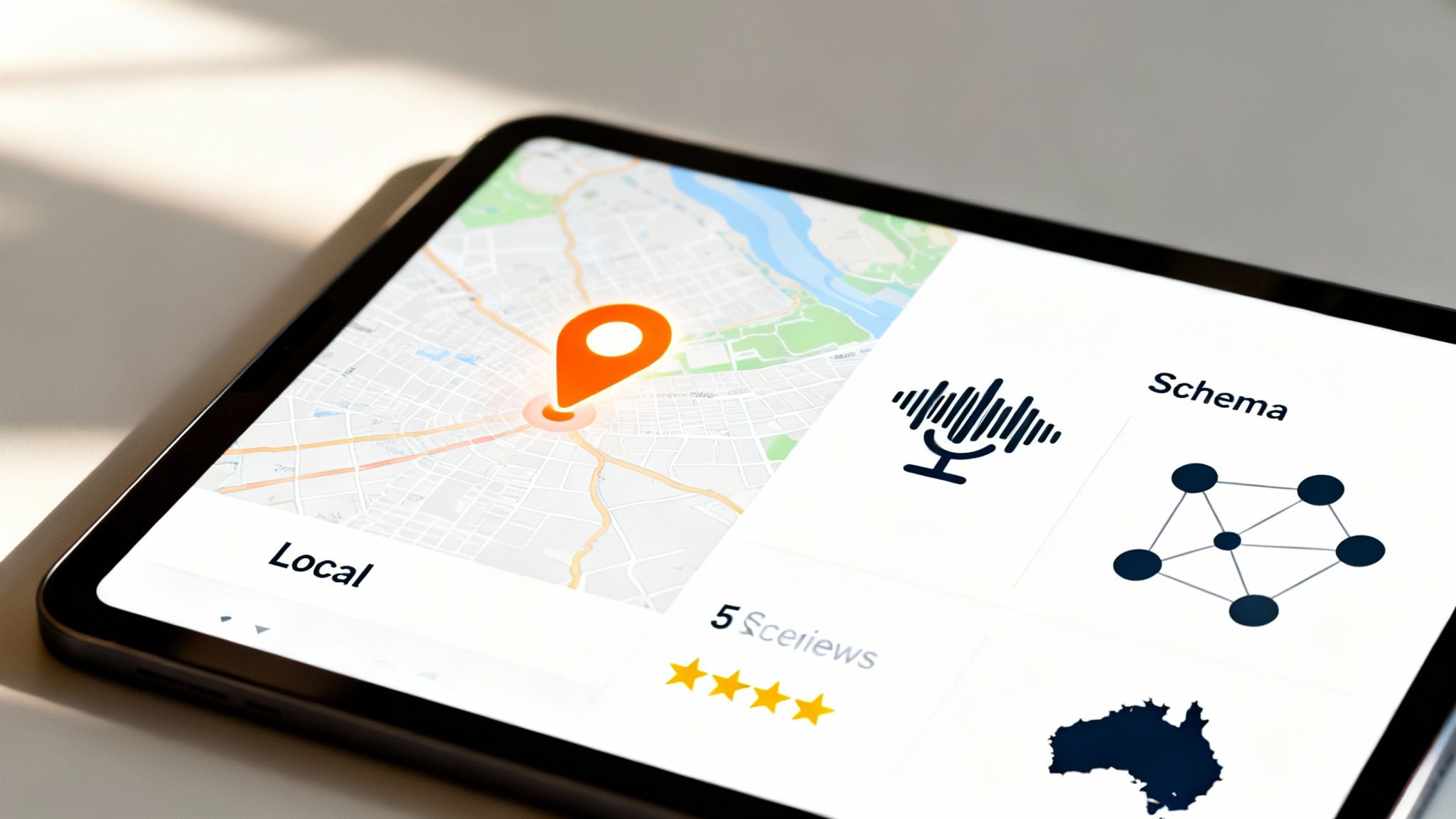 Close-up of a tablet displaying a map with a location pin and various local SEO features.