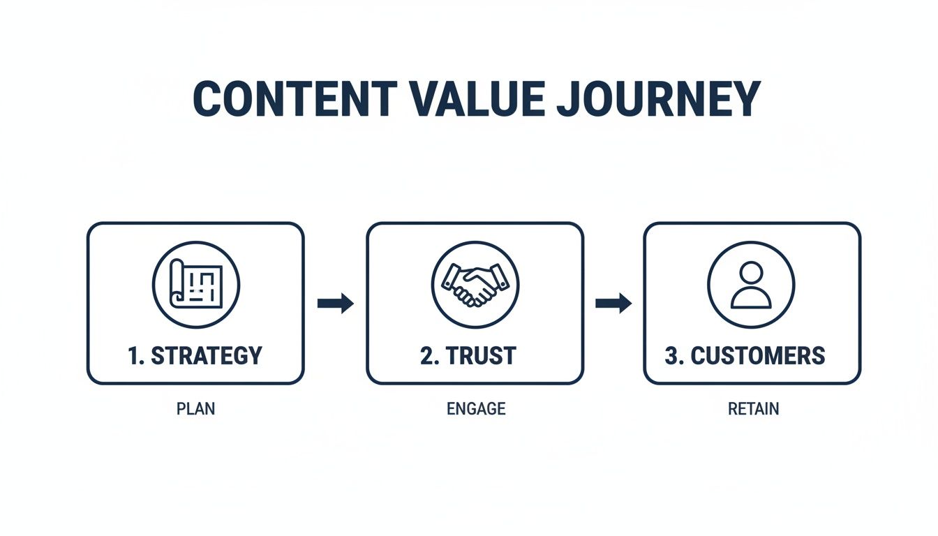 Infographic detailing the content value journey: strategy (plan), trust (engage), and customers (retain).
