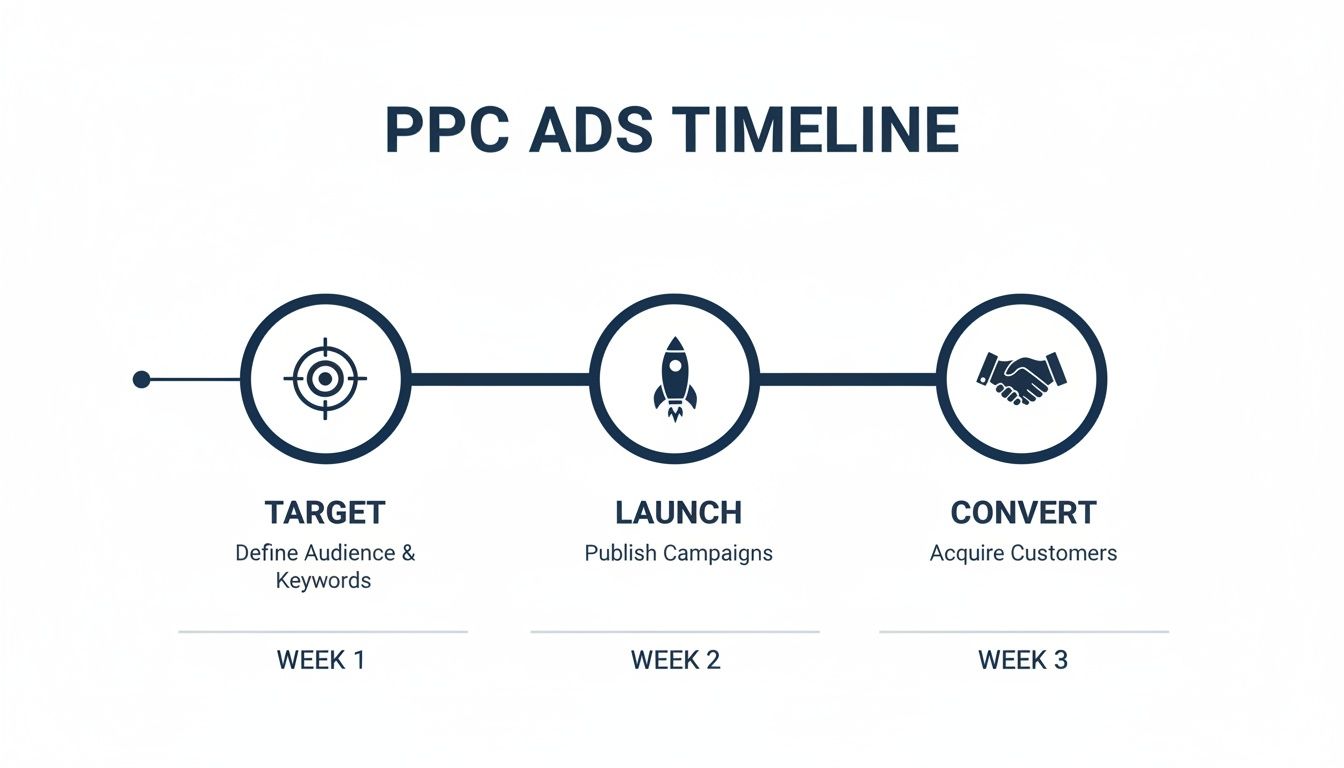 A PPC ads timeline infographic illustrating three stages: Target (Week 1), Launch (Week 2), and Convert (Week 3).