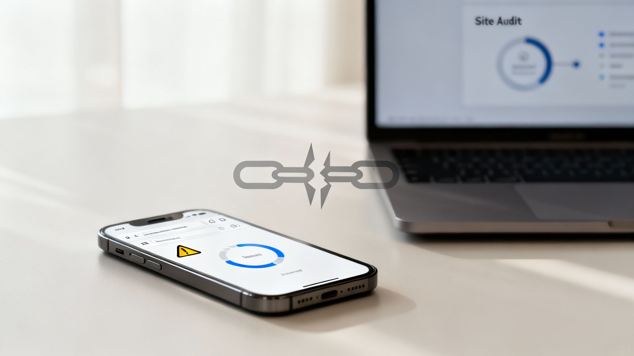 A person using a laptop with keyword and content idea bubbles floating around it.