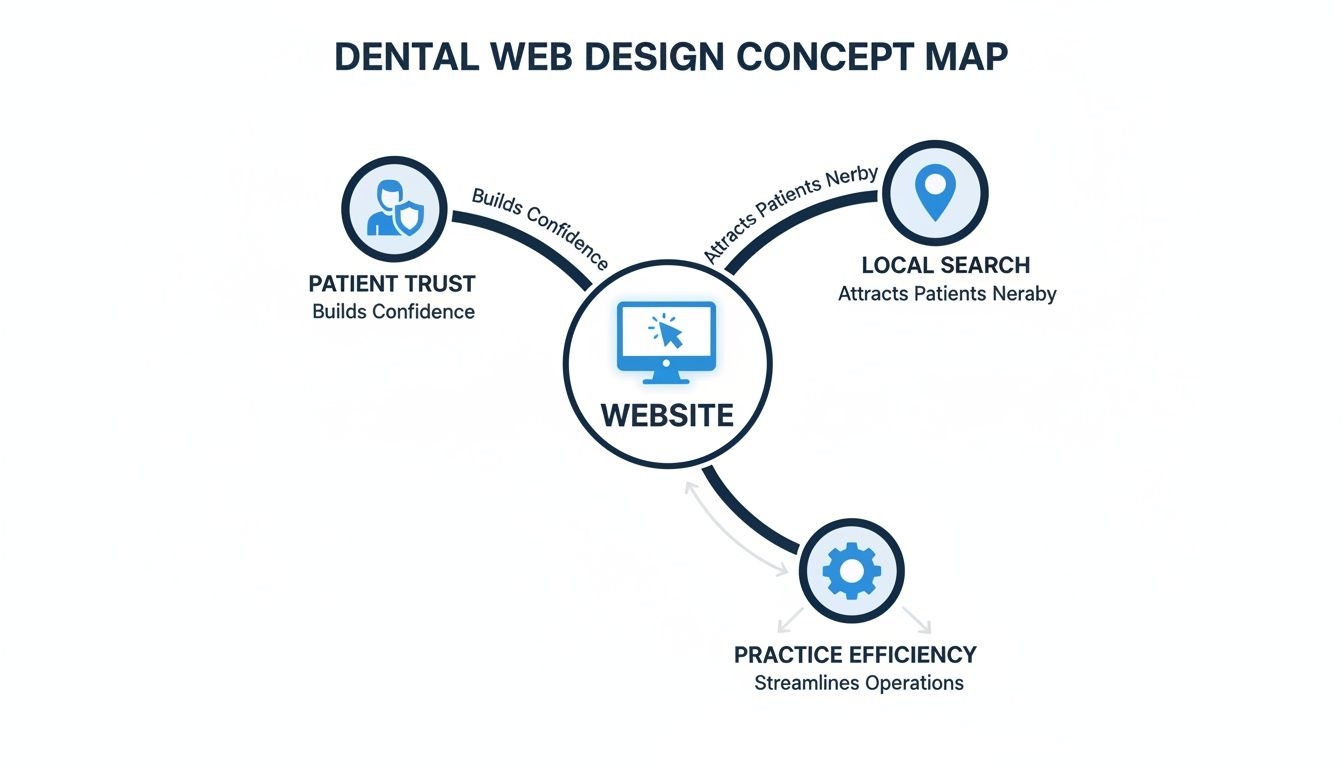 A concept map illustrating how a dental website builds patient trust, attracts local patients, and streamlines practice efficiency.