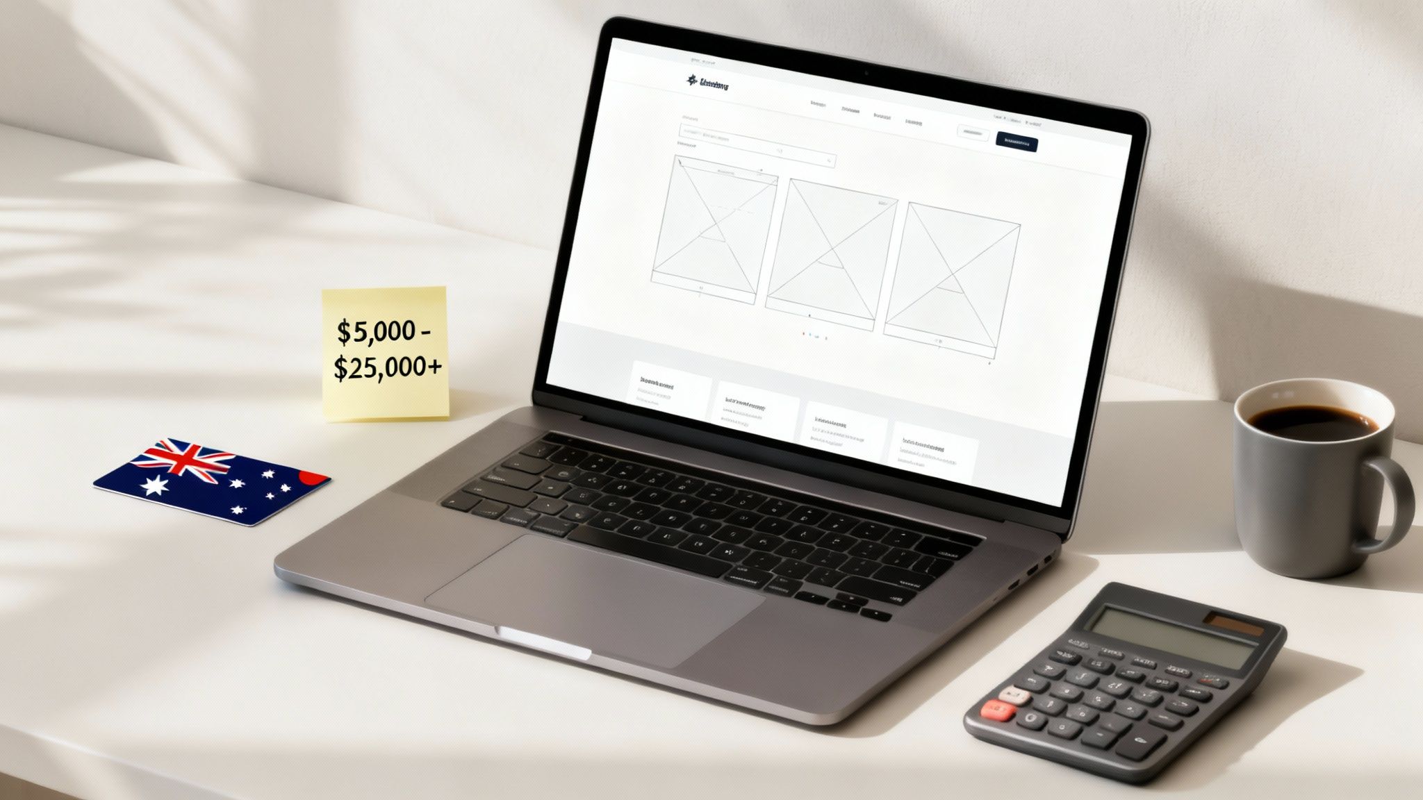 Laptop displaying a website wireframe on a white desk with a calculator, coffee, and cost note.