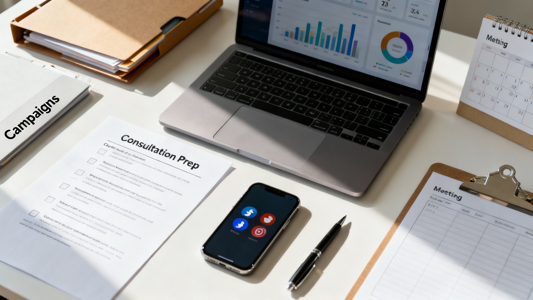 A top-down view of a business desk with a laptop, smartphone, documents, and a calendar.