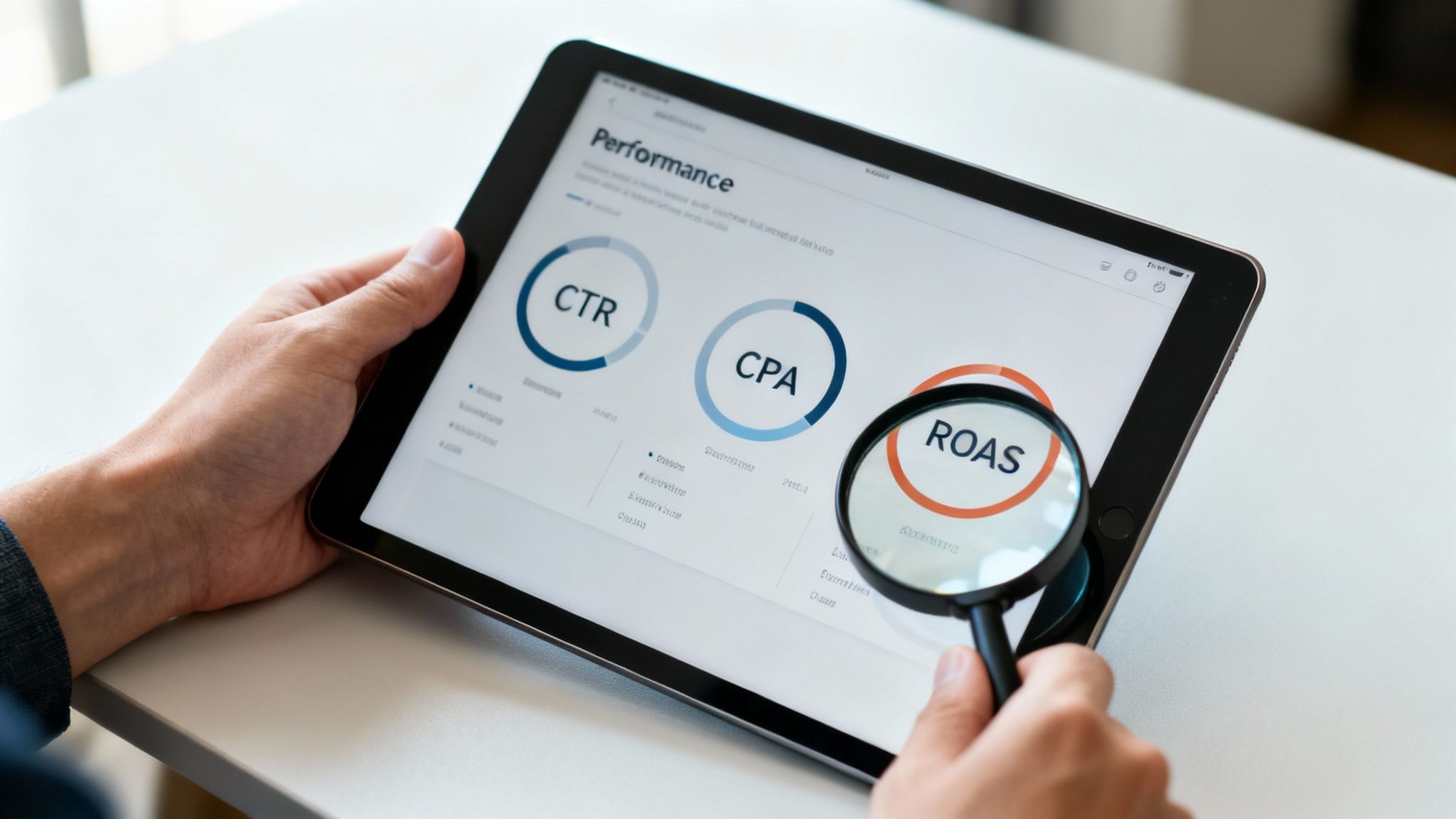 Person analyzing digital marketing performance metrics CTR, CPA, and ROAS on a tablet with a magnifying glass.