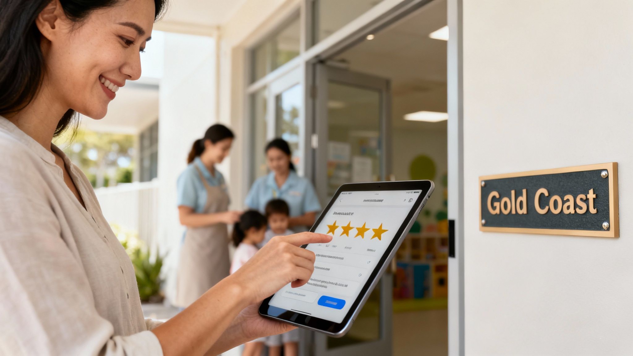 A parent and child giving a high-five to a childcare educator, symbolizing trust and a positive relationship