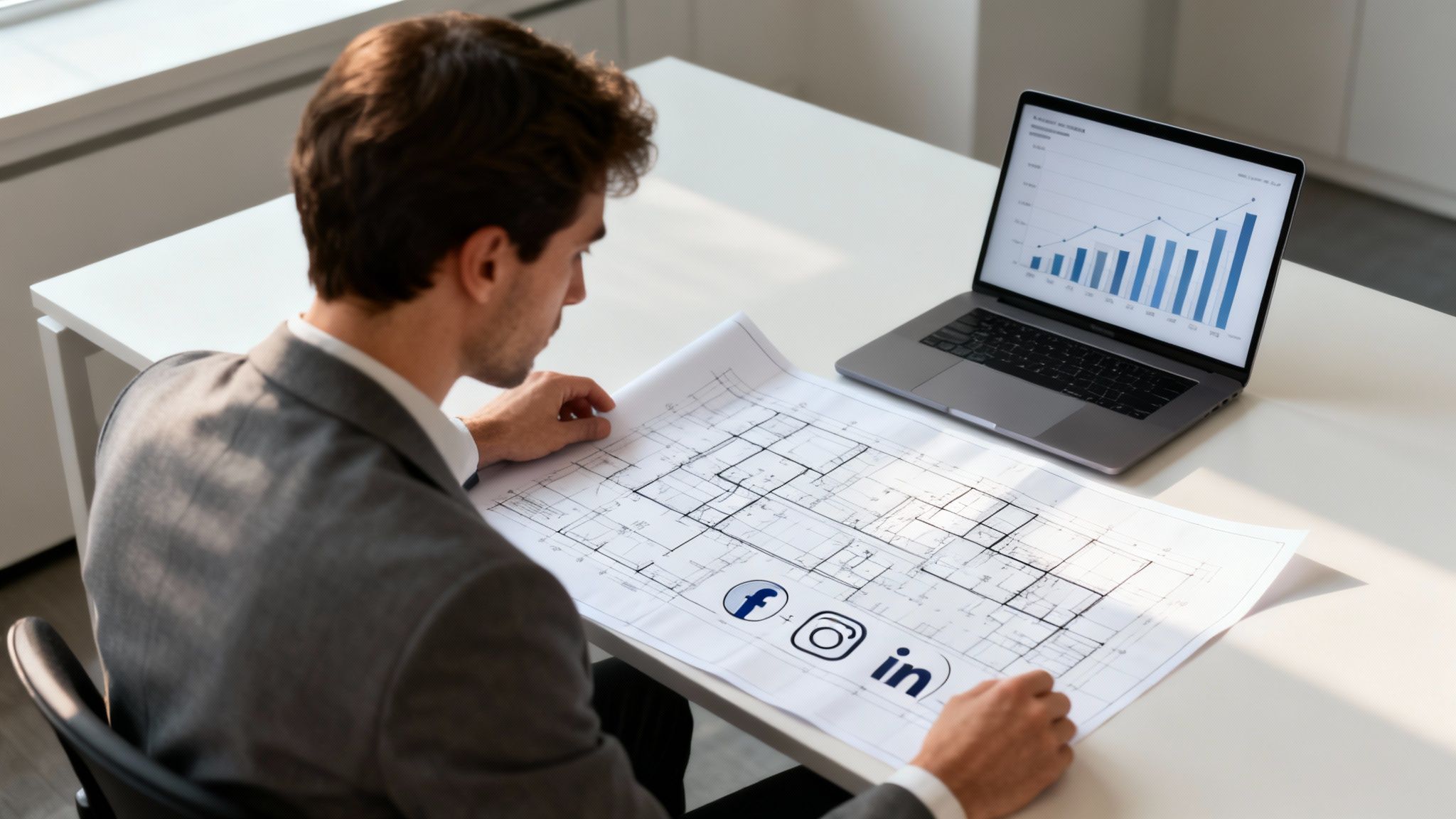 A man in a suit reviews blueprints featuring social media logos with a laptop displaying growth charts.