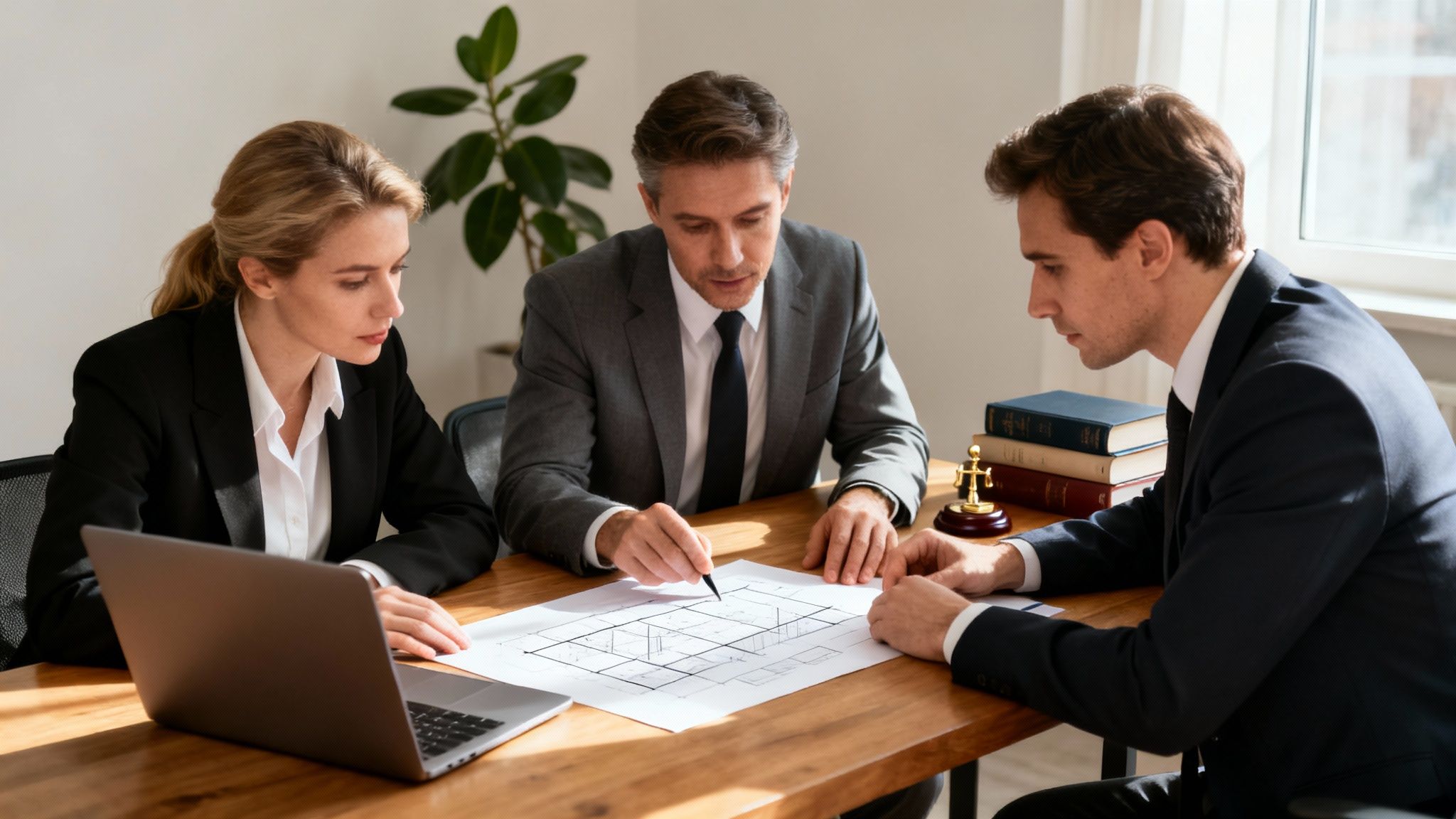 Three professionals discussing architectural blueprints at a table, with a laptop and scales of justice.