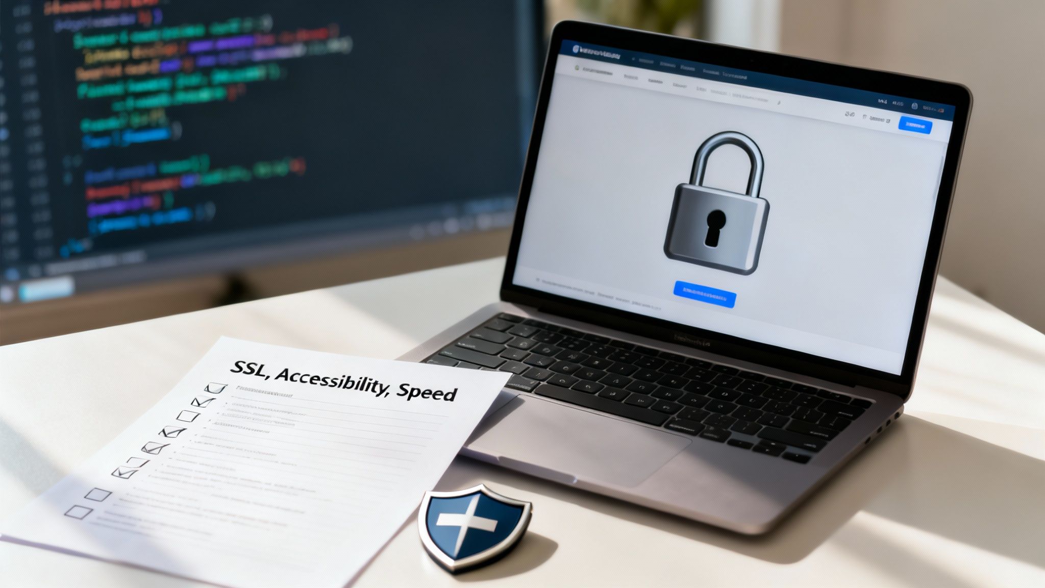 A laptop displays a padlock icon, alongside a checklist for SSL, accessibility, and speed, with code in the background.