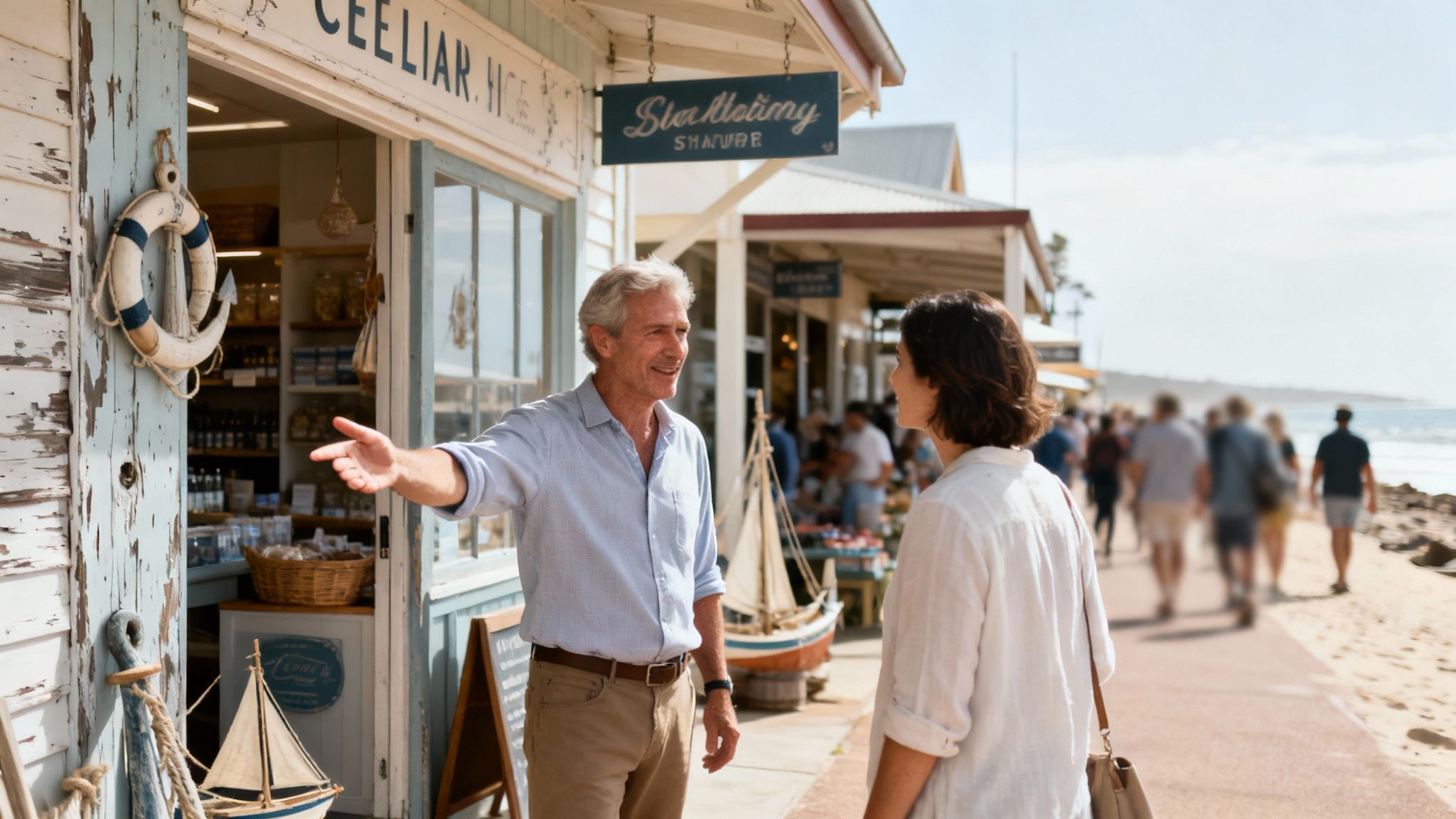 Man talks to woman outside a coastal shop with nautical decor, people walk by the beach.