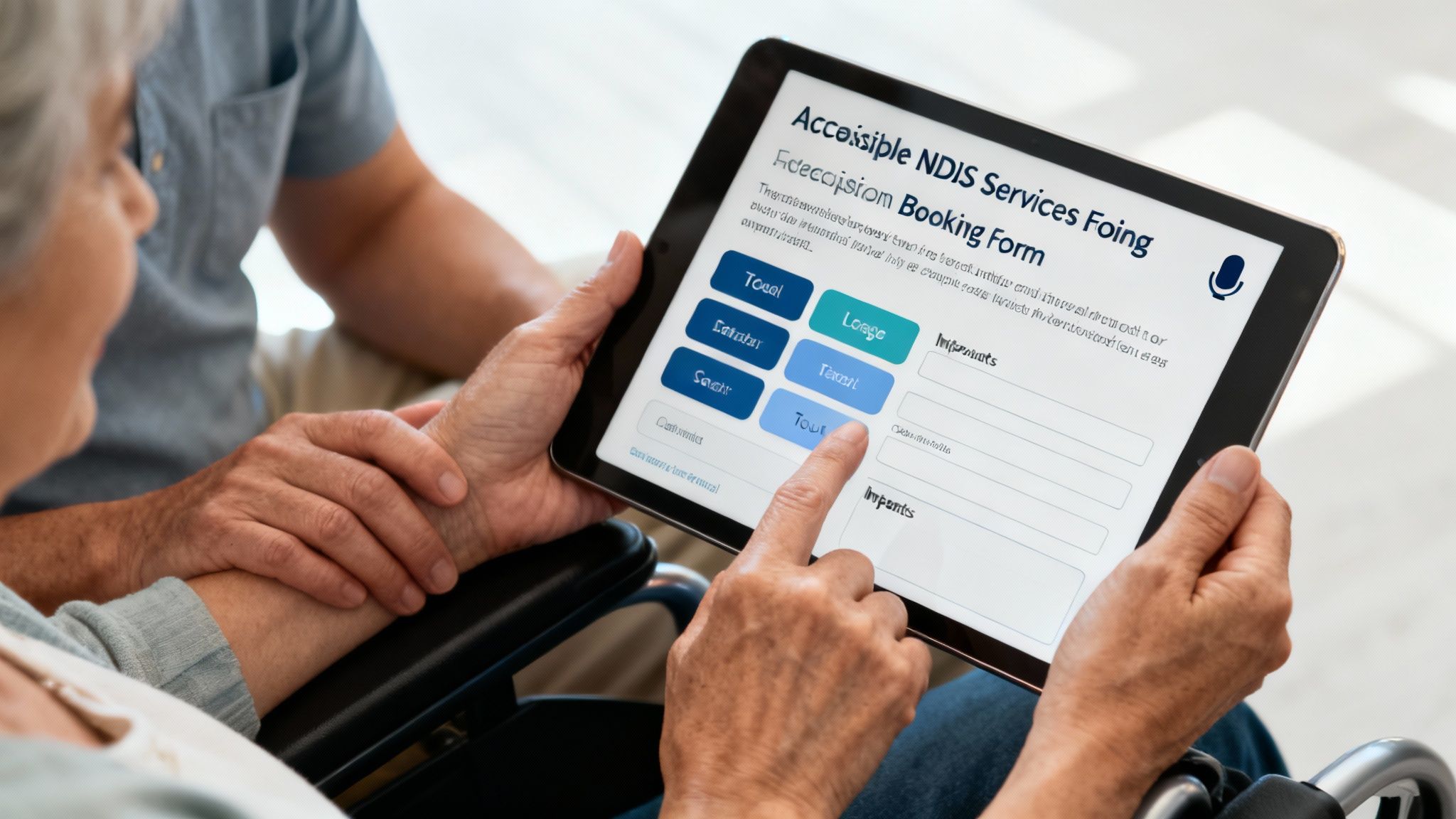 Elderly individuals using a tablet to access an NDIS services booking form with an accessible interface.