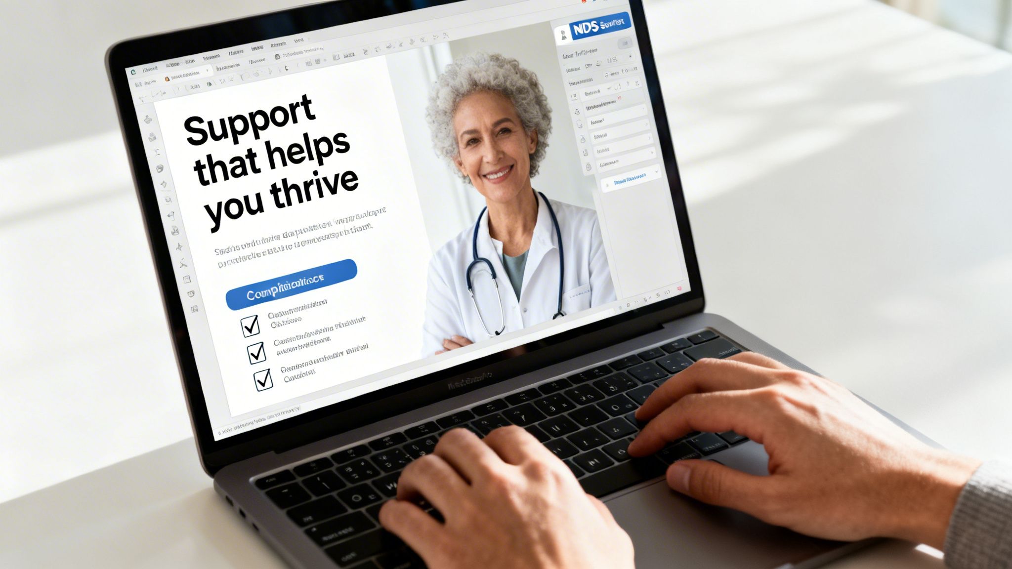 A person types on a laptop displaying a webpage design with a smiling doctor and text.