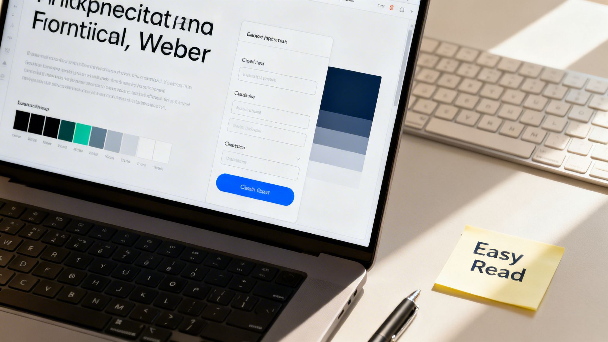 Laptop displaying a website design interface with color palette, form fields, and an 'Easy Read' sticky note.