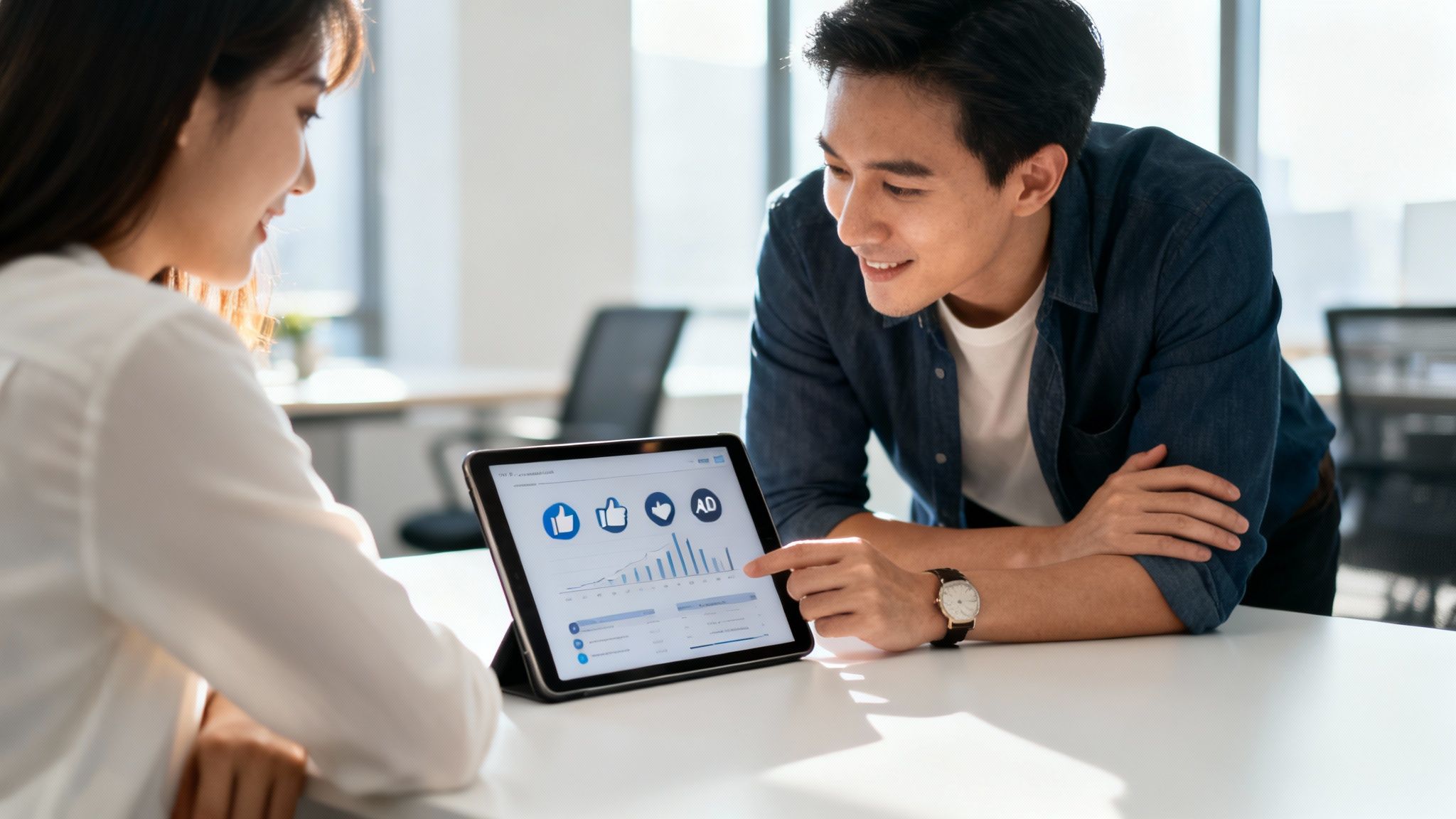 Two young professionals analyzing social media marketing data on a tablet in a modern office.