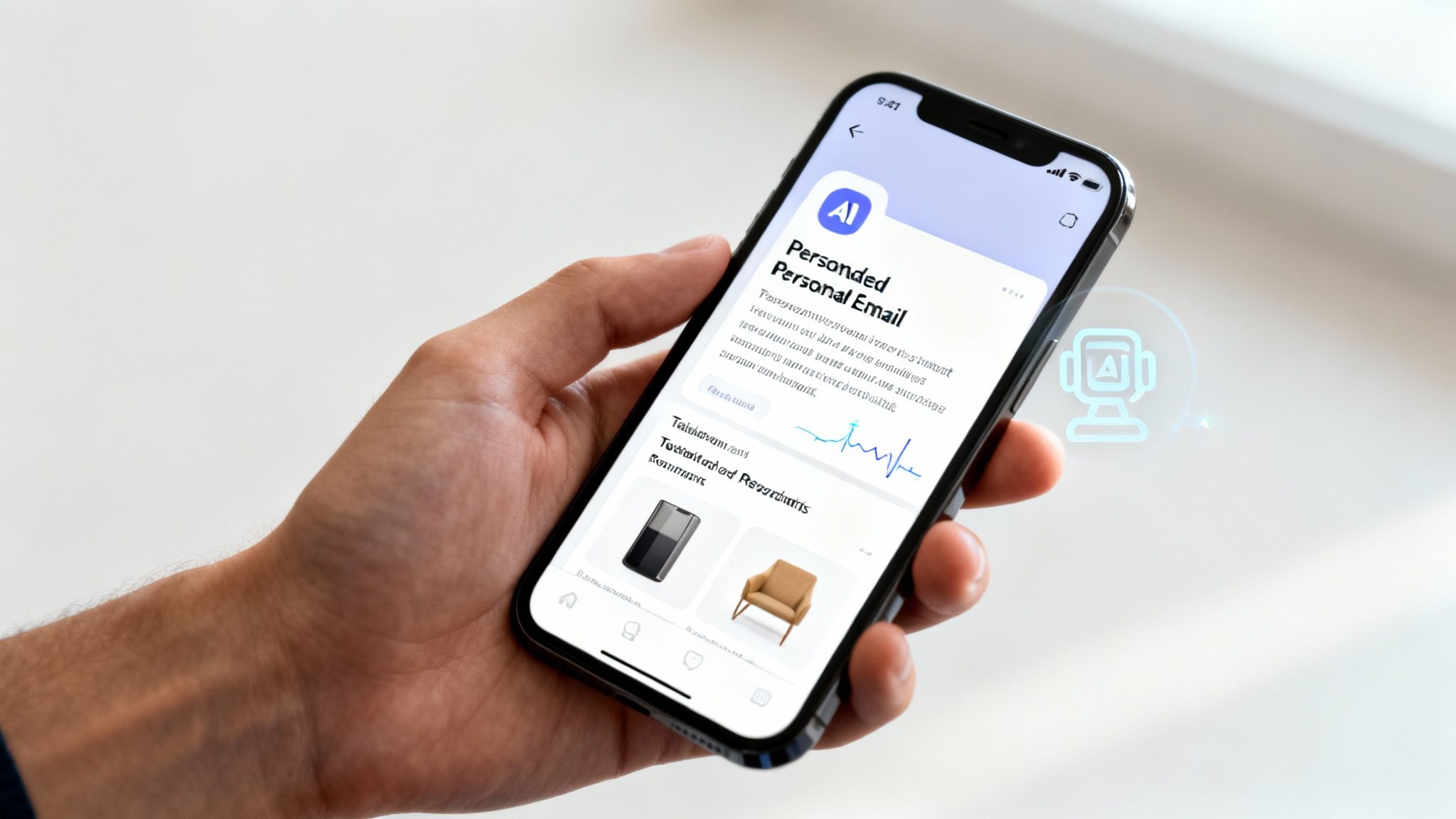 Hand holding a smartphone displaying an AI-powered personal email app with product suggestions and a glowing robot icon.