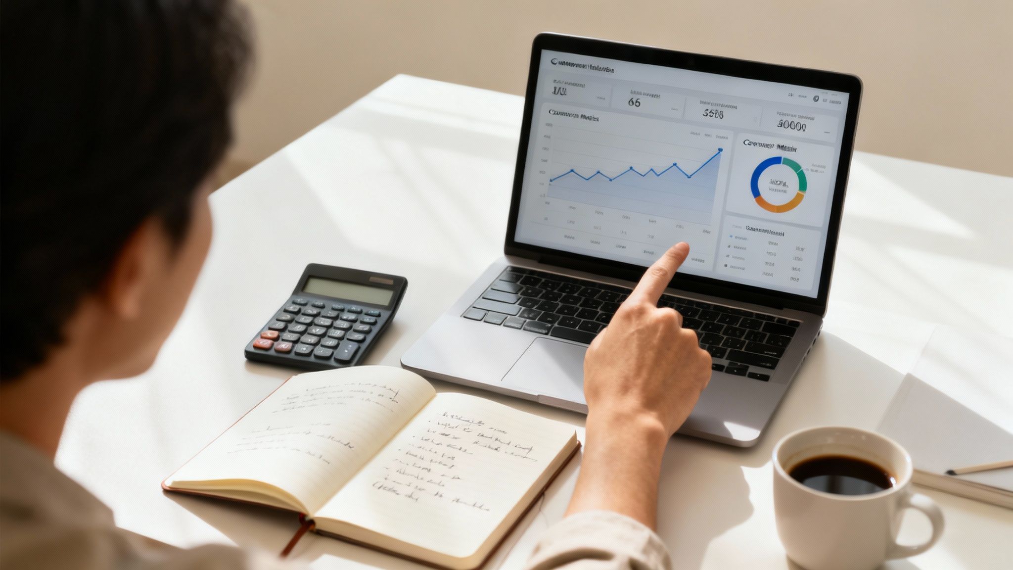 Person analyzing business data on a laptop, with a calculator, notebook, and coffee on a white desk.