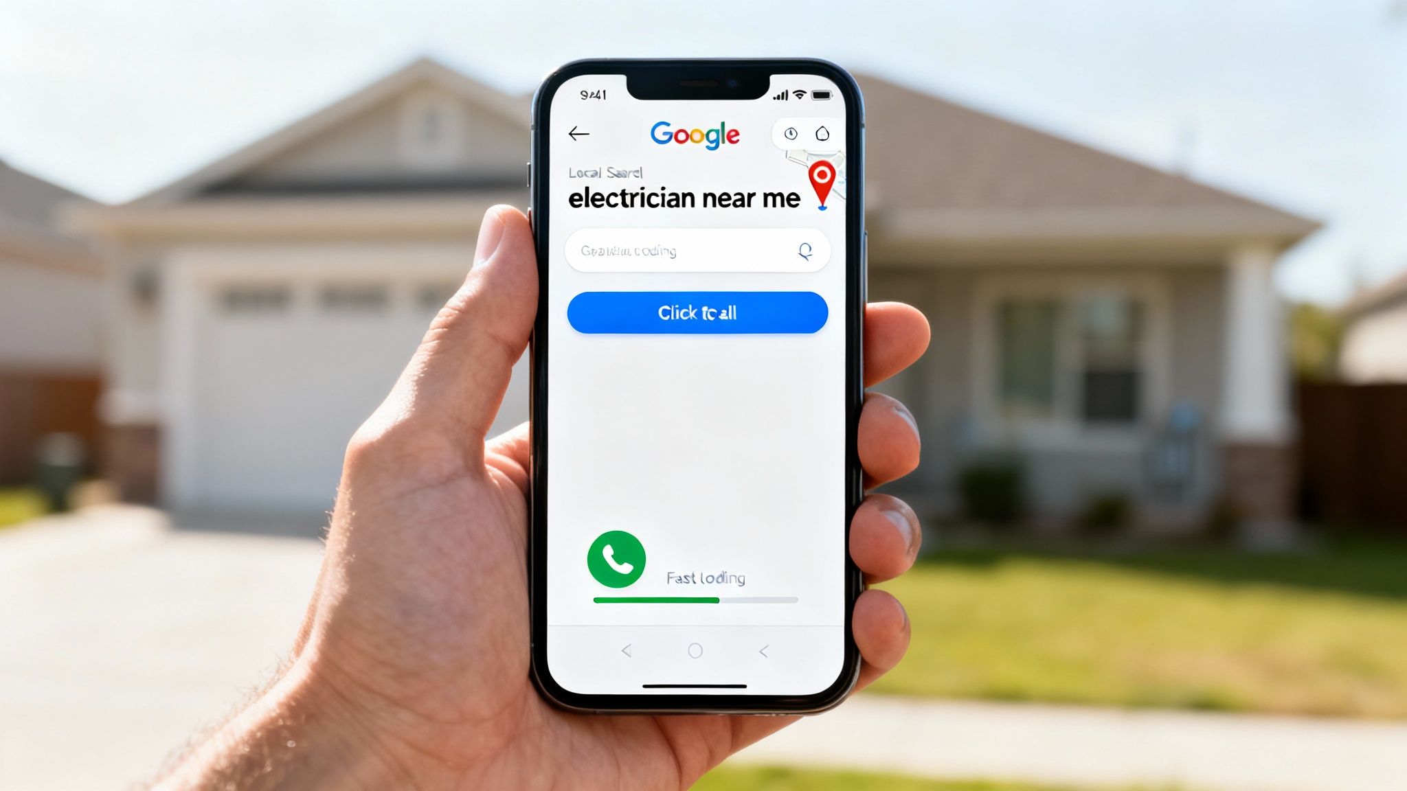 Hand holding a smartphone displaying a Google search for 'electrician near me' with a 'Click to call' button.